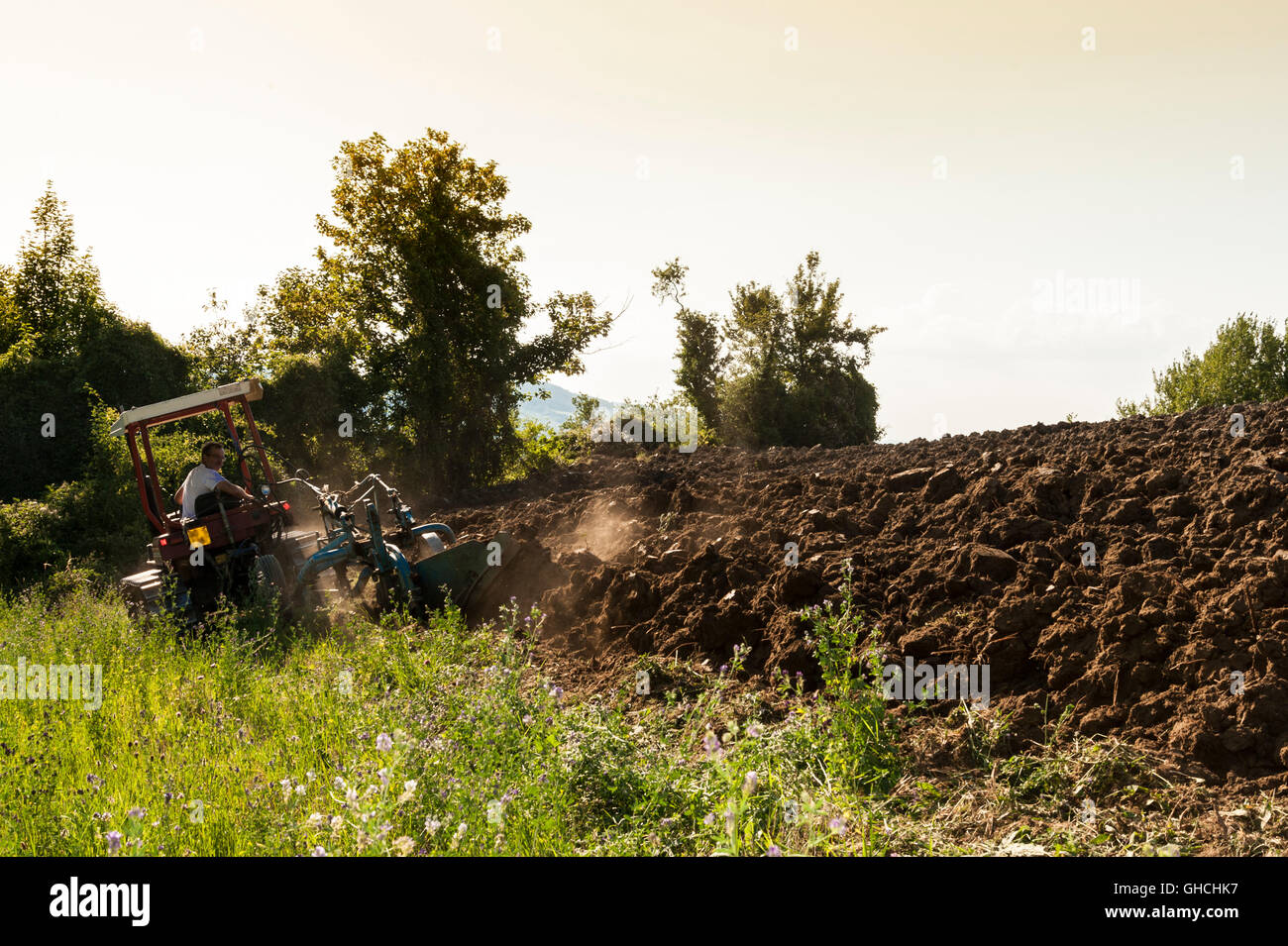 Trattore che ara Stock Photo
