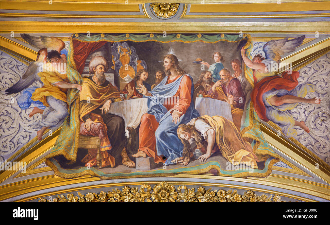 ROME, ITALY - MARCH 9, 2016: The detail of vault fresco Mary Washes Jesus's Feet in church Chiesa di Santa Maria Maddalena Stock Photo