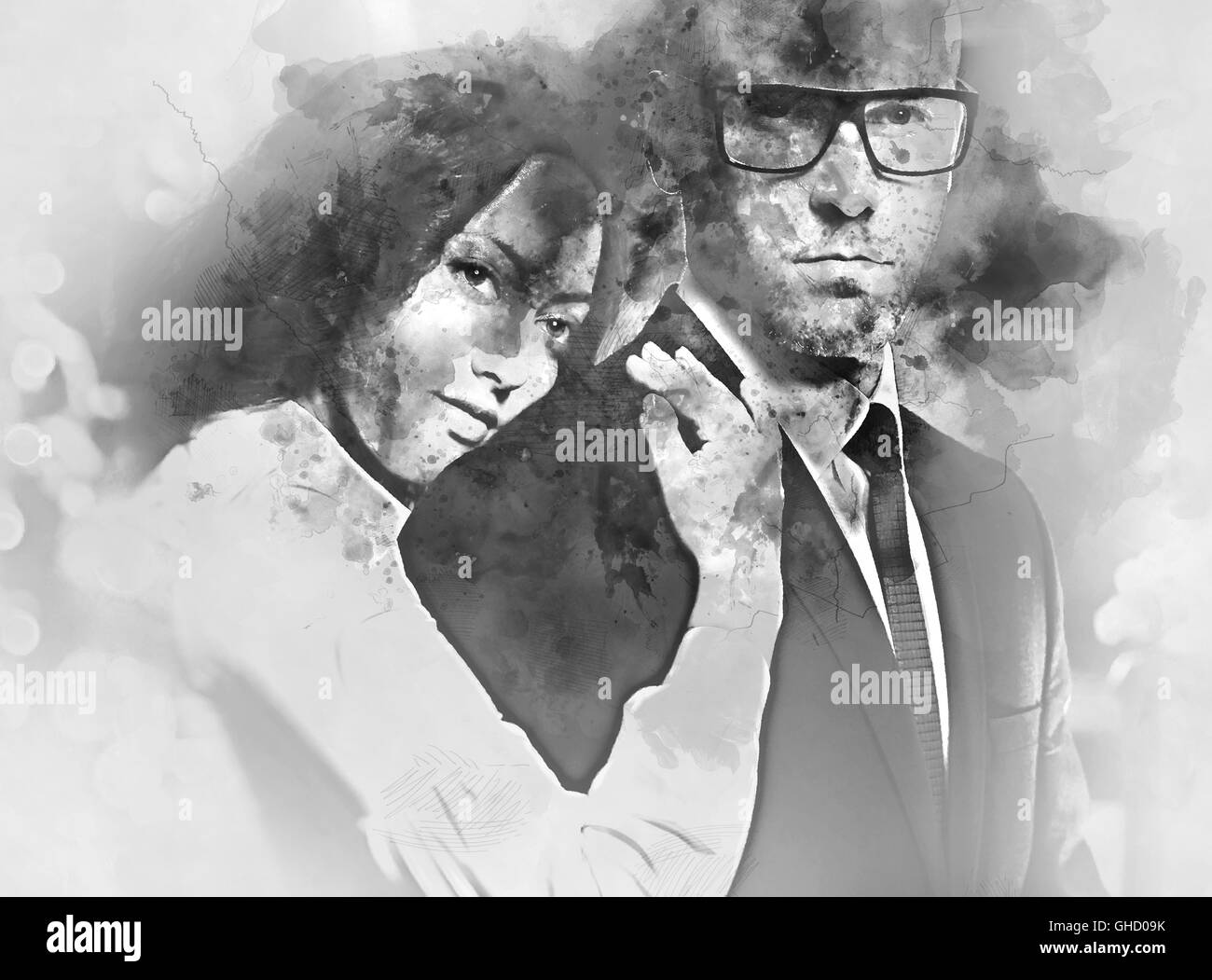 Couple in love. Beautiful brunette and handsome man hugging. Black and white. Digital watercolor painting Stock Photo