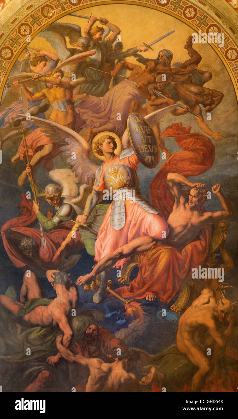 VIENNA : Archangel Michael and war with the bad angels  scene by Leopold Kupelwieser, in nave of Altlerchenfelder church Stock Photo
