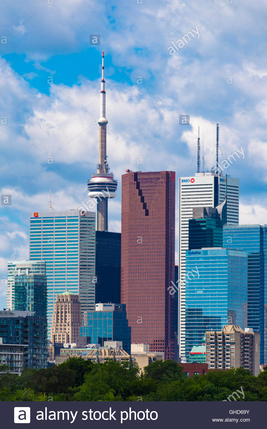 Toronto Skyline Cn Tower Seen In The Distance In Between Bmo