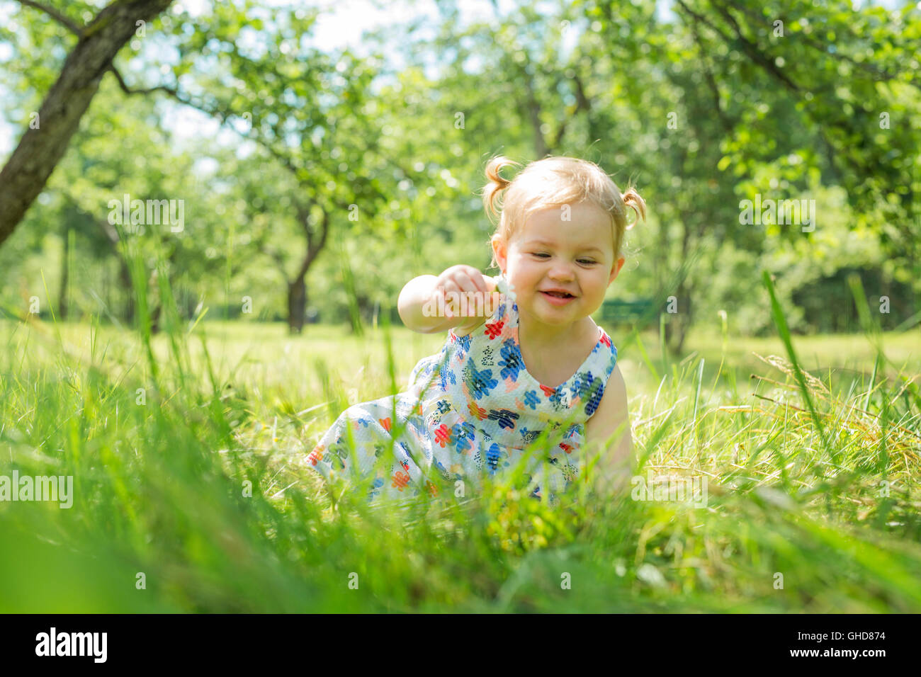 Little girl in the forest park Stock Photo - Alamy