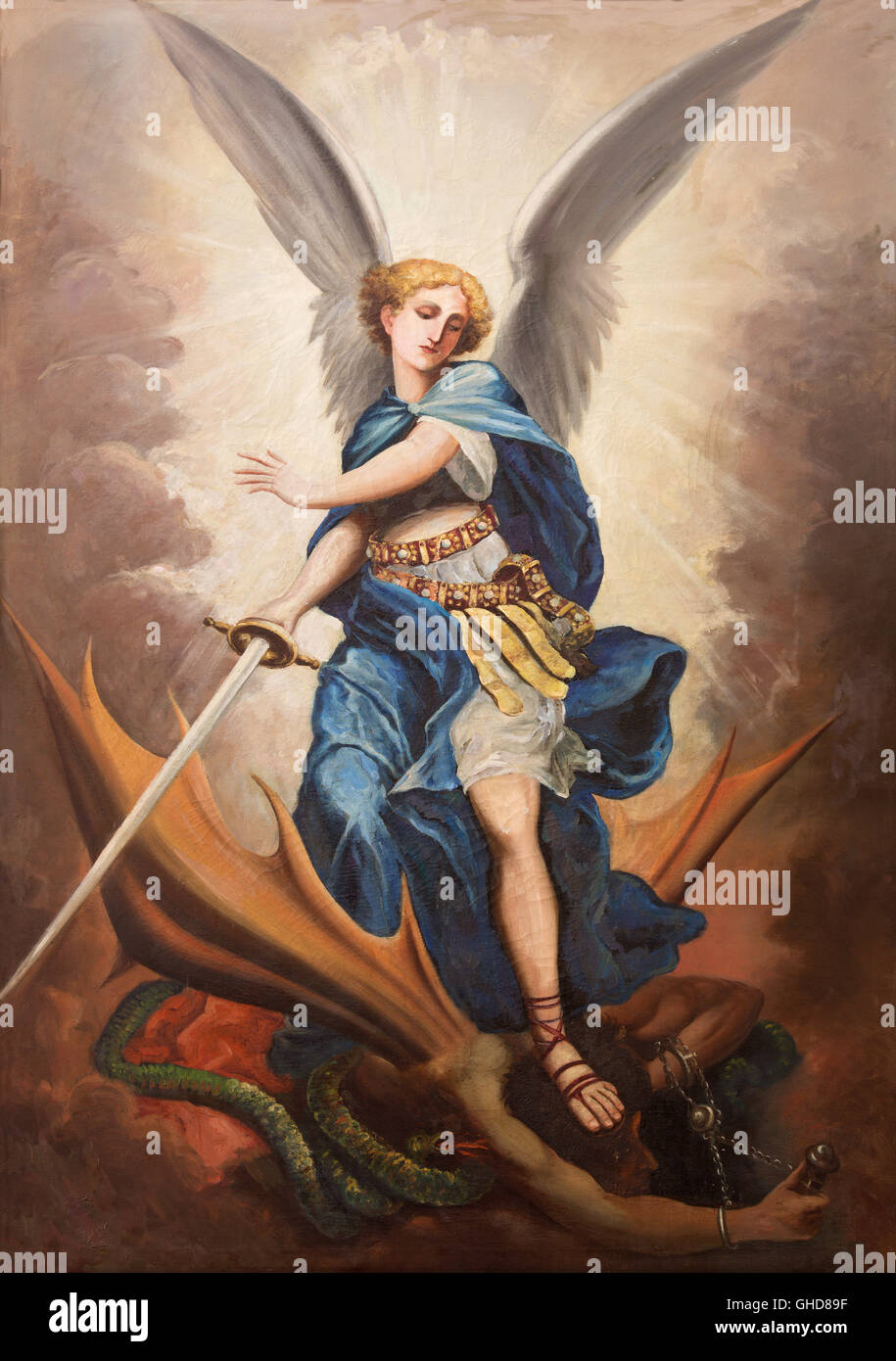TEL AVIV, ISRAEL, 2015: Paint of archangel Michael from st. Peters church in old Jaffa by P. Zalarn from end of 19. cent. Stock Photo