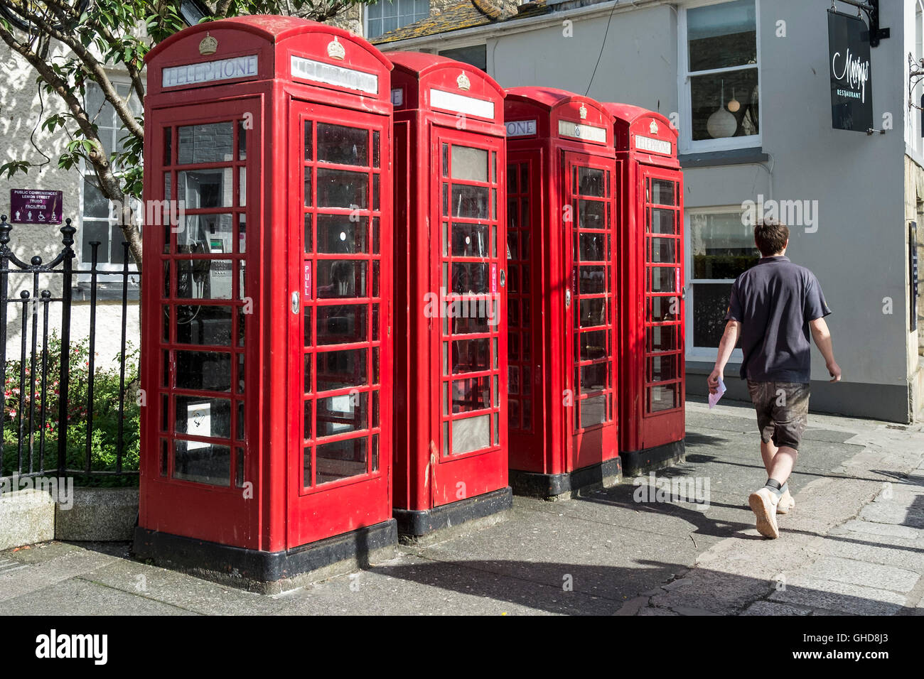 Traditional red telephone boxes in Truro. Stock Photo