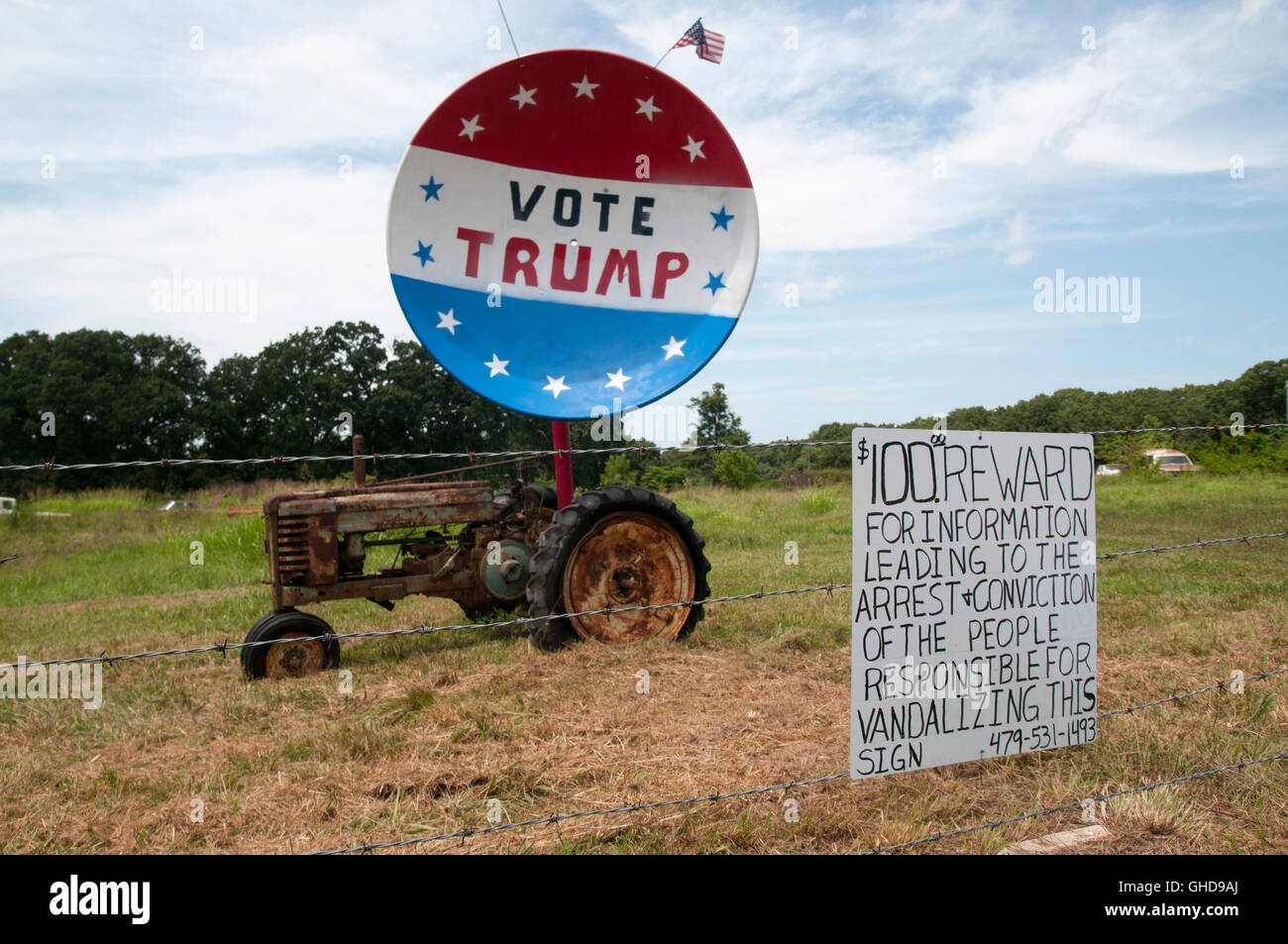 Large pro Donald Trump for President sign on a tractor in rural Arkansas, USA. Stock Photo