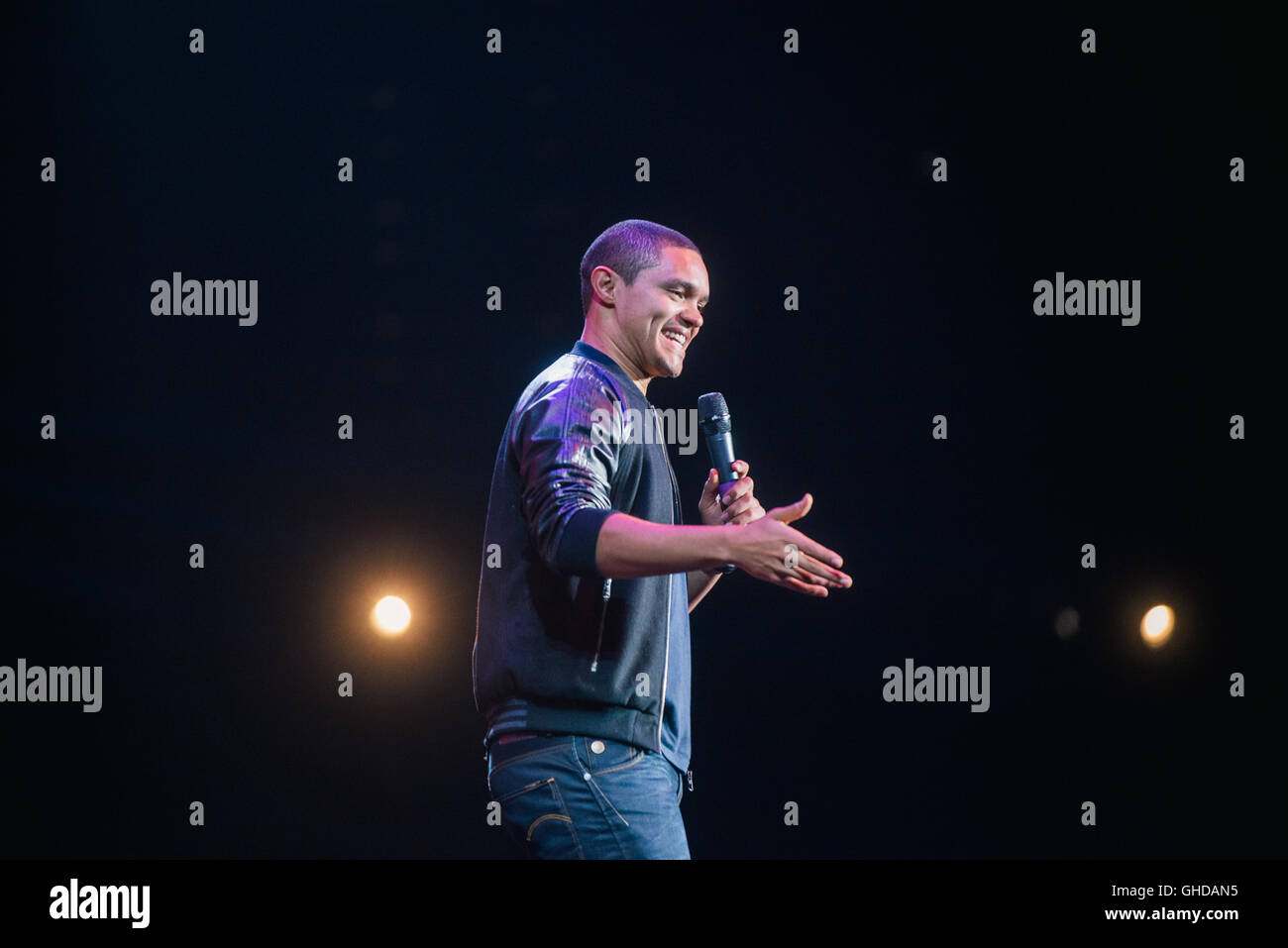 Dubai, UAE. Comedian and Daily Show host Trevor Noah performed at a comedy festival at Skydive Dubai, UAE. Stock Photo