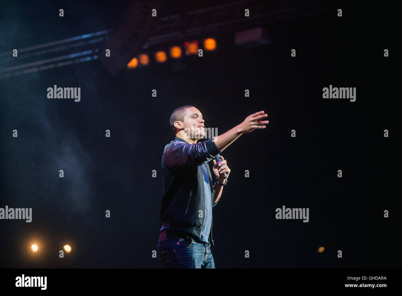 Dubai, UAE. Comedian and Daily Show host Trevor Noah performed at a comedy festival at Skydive Dubai, UAE. Stock Photo