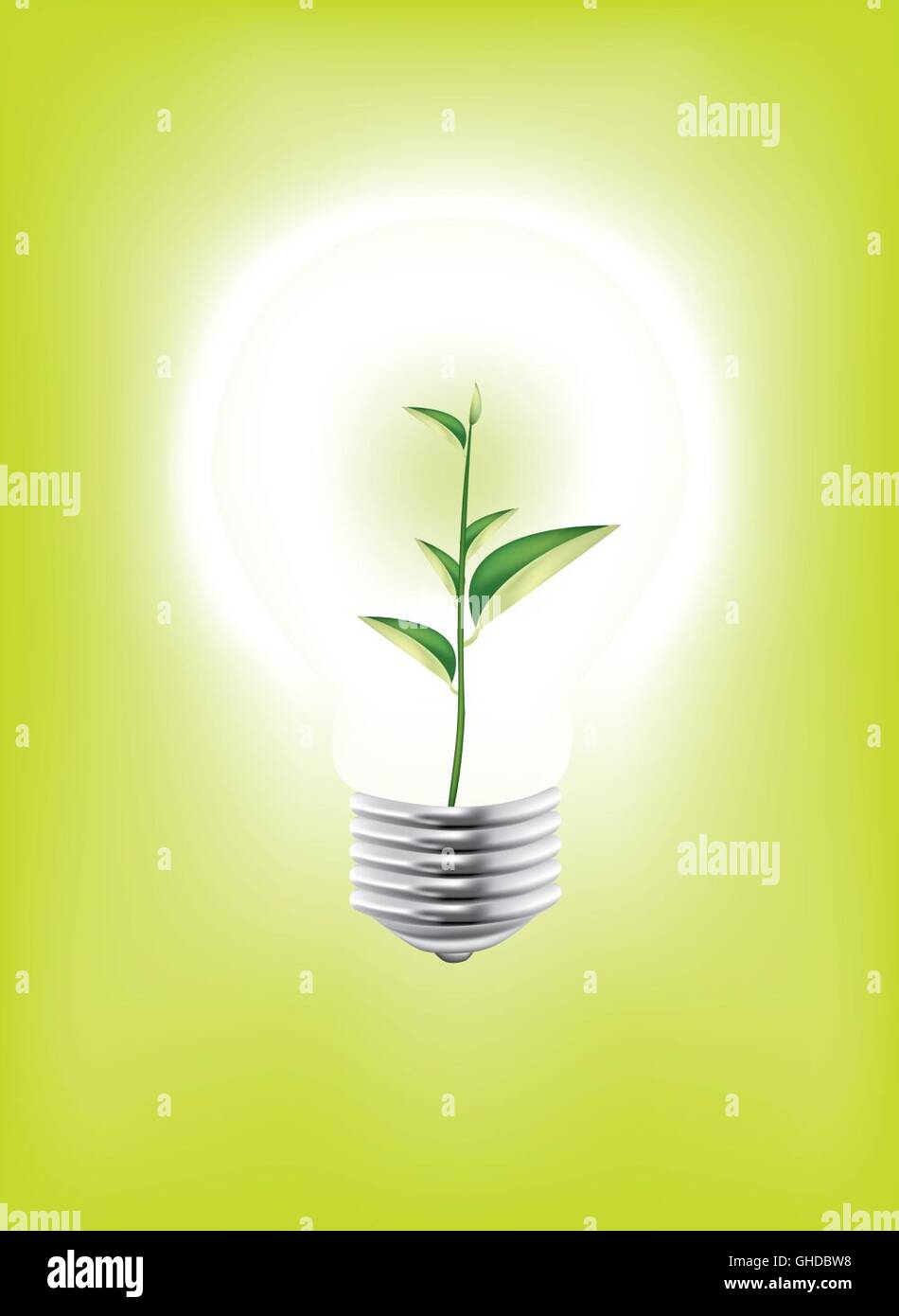 Light bulb with a plant inside on a green background Stock Photo - Alamy