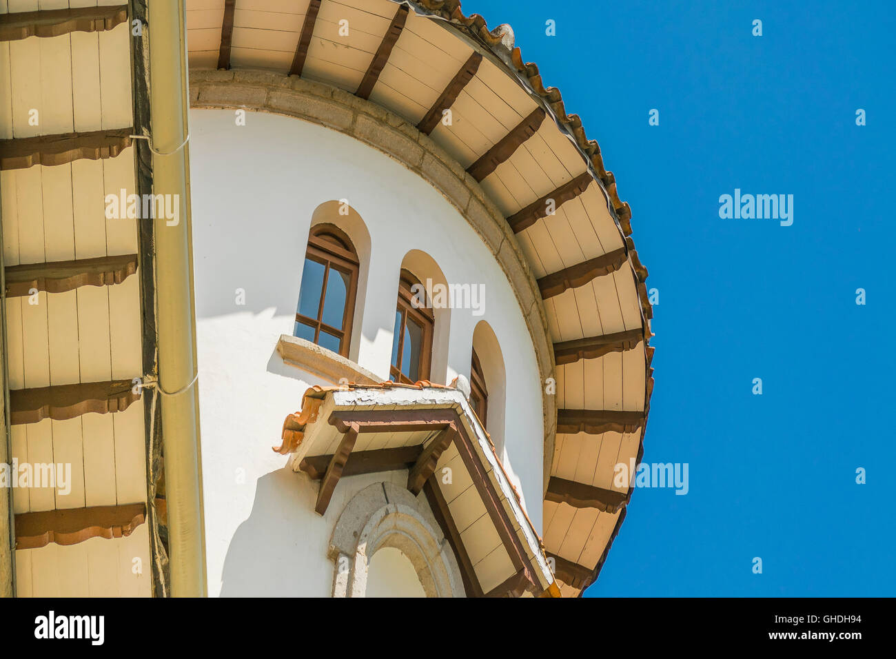 Low angle view of elegant old style eclectic buildings at Cuenca, Ecuador. Stock Photo