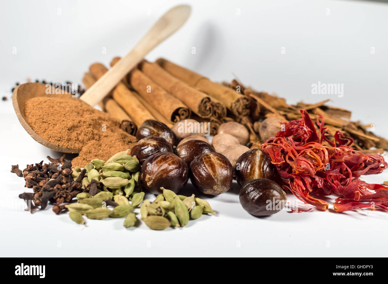 Cardamon, cloves, Black pepper, white pepper, cinnamon, cinnamon power
