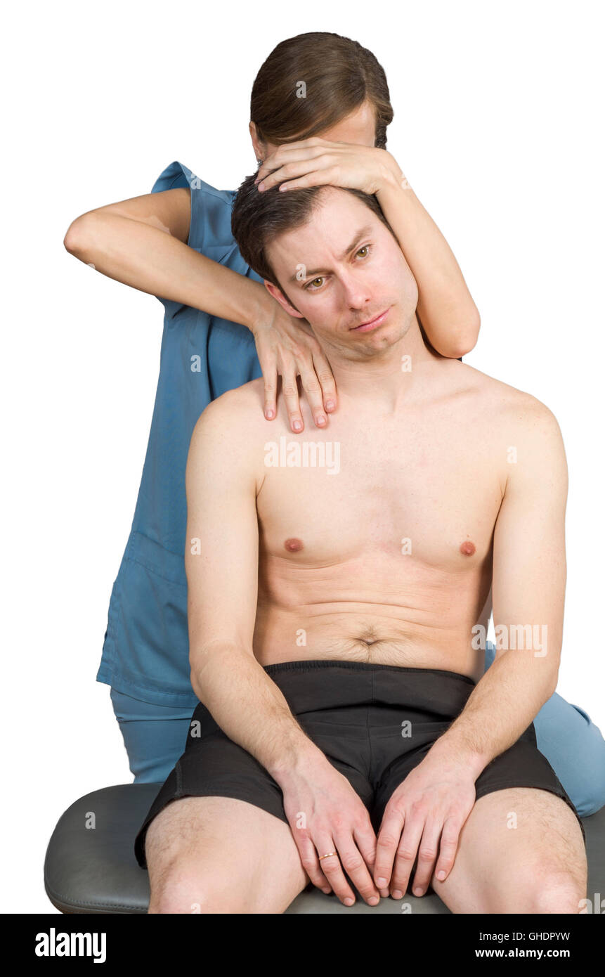 Cervical manipulation with axial compression over white background ...