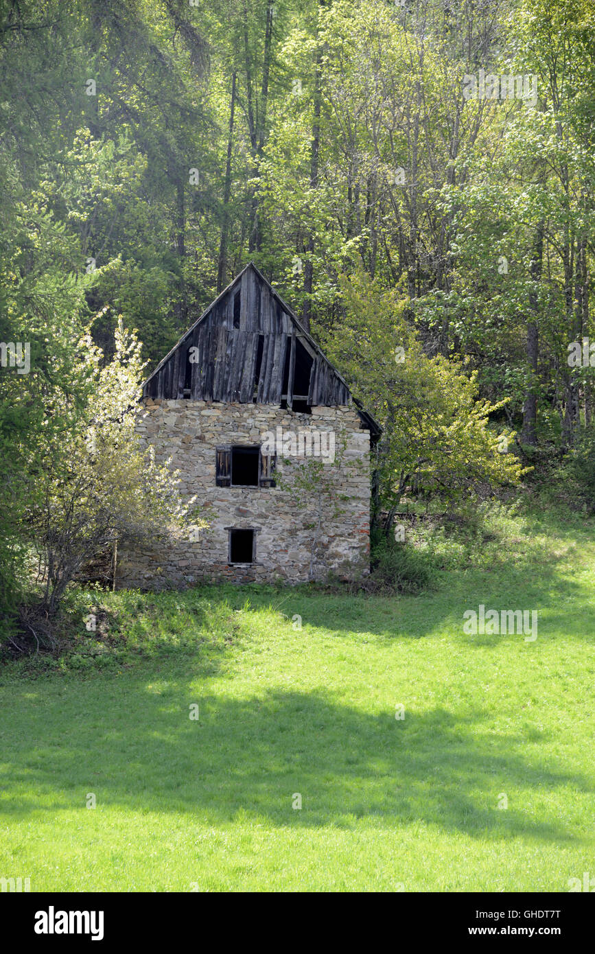 Ruined or Abandoned Stone & Timber Alpine Chalet in the Forest near Colmars-les-Alpes French Alps France Stock Photo