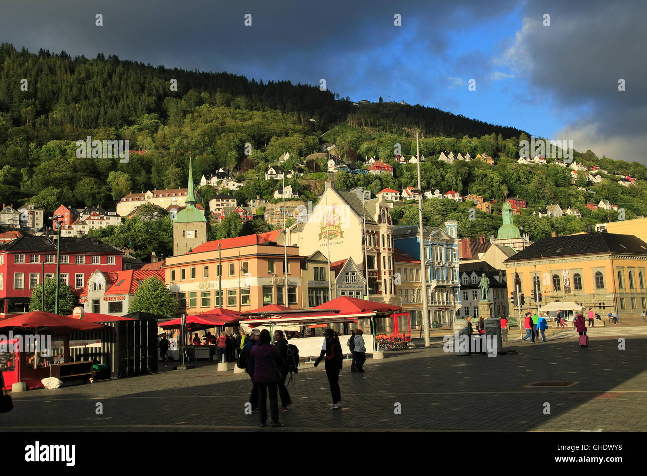 Historic buildings in the Torget market square area of Vågen harbour, Bergen, Norway Stock Photo