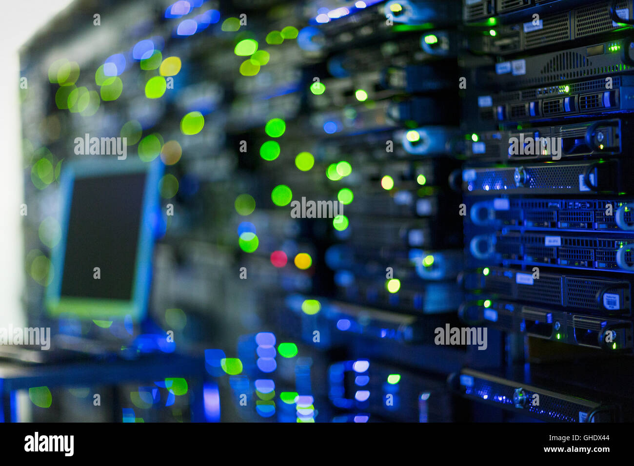 Illuminated server room panel Stock Photo