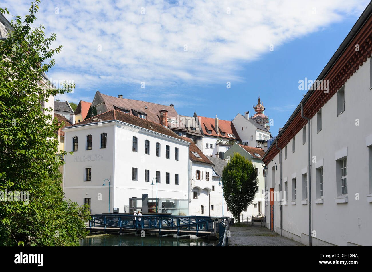 Steyr: canal Wehrgraben, bridge Wehrgraben-Steg, Austria, Oberösterreich, Upper Austria, Stock Photo