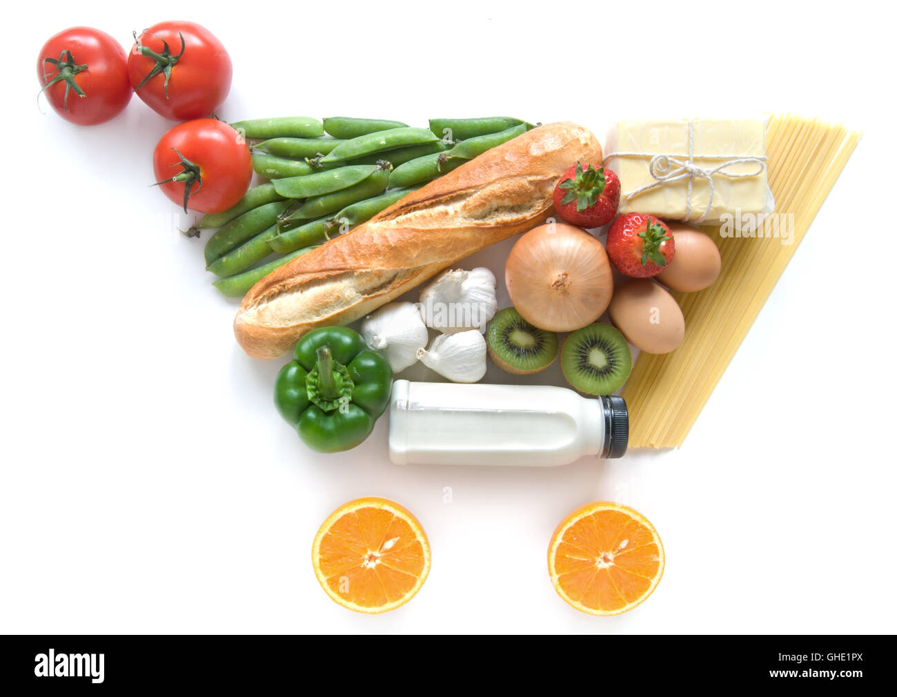Fruits, vegetables, pasta and dairy products in the shape of a grocery