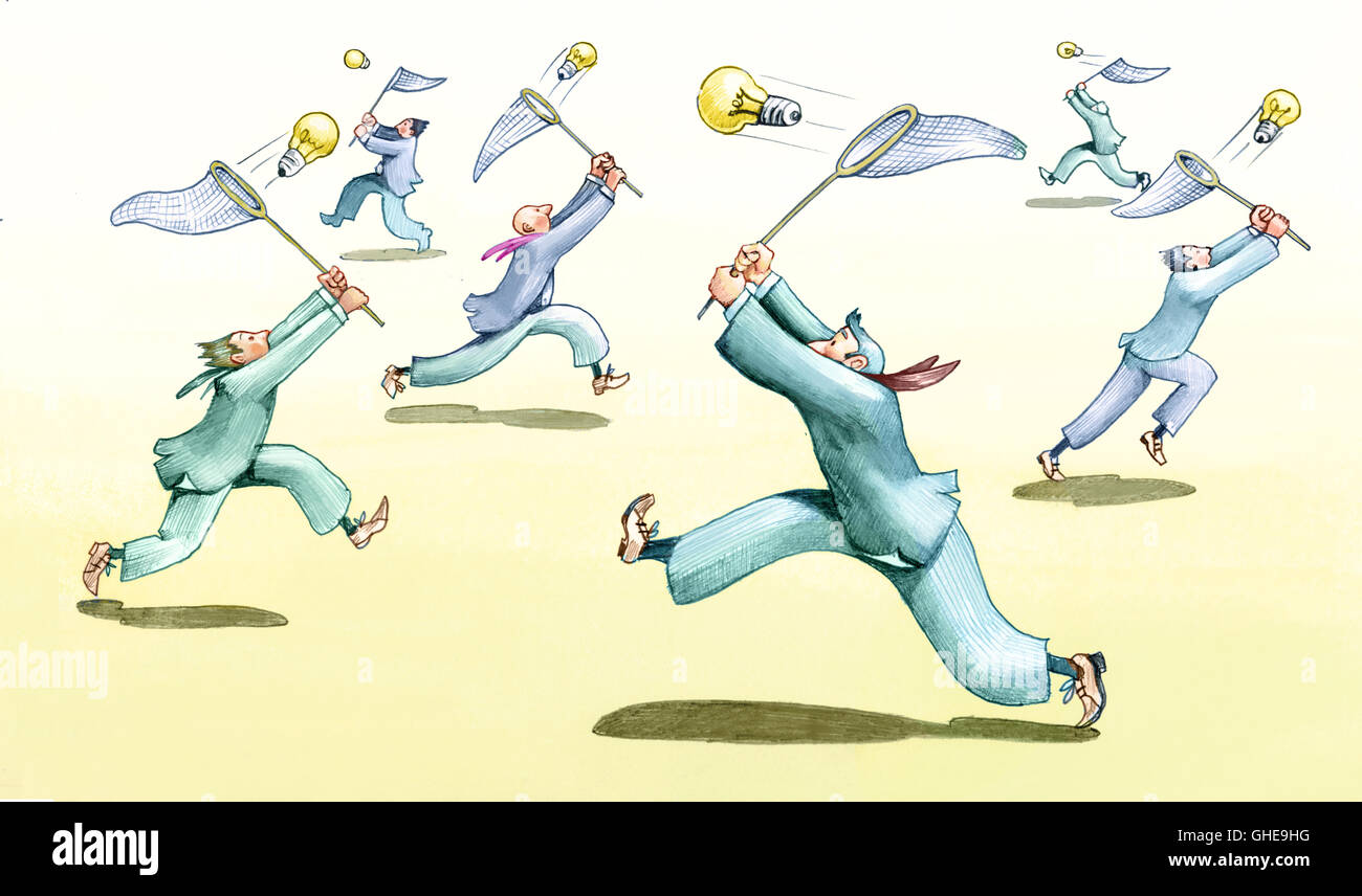 men chasing bulbs with screens from butterflies Stock Photo