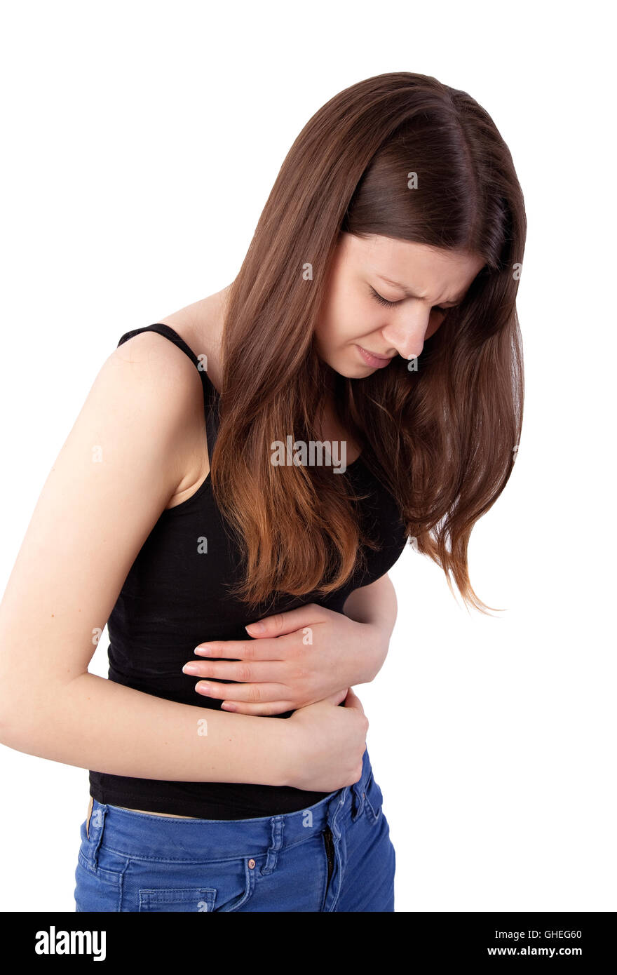 girl with stomach pain isolated on white Stock Photo