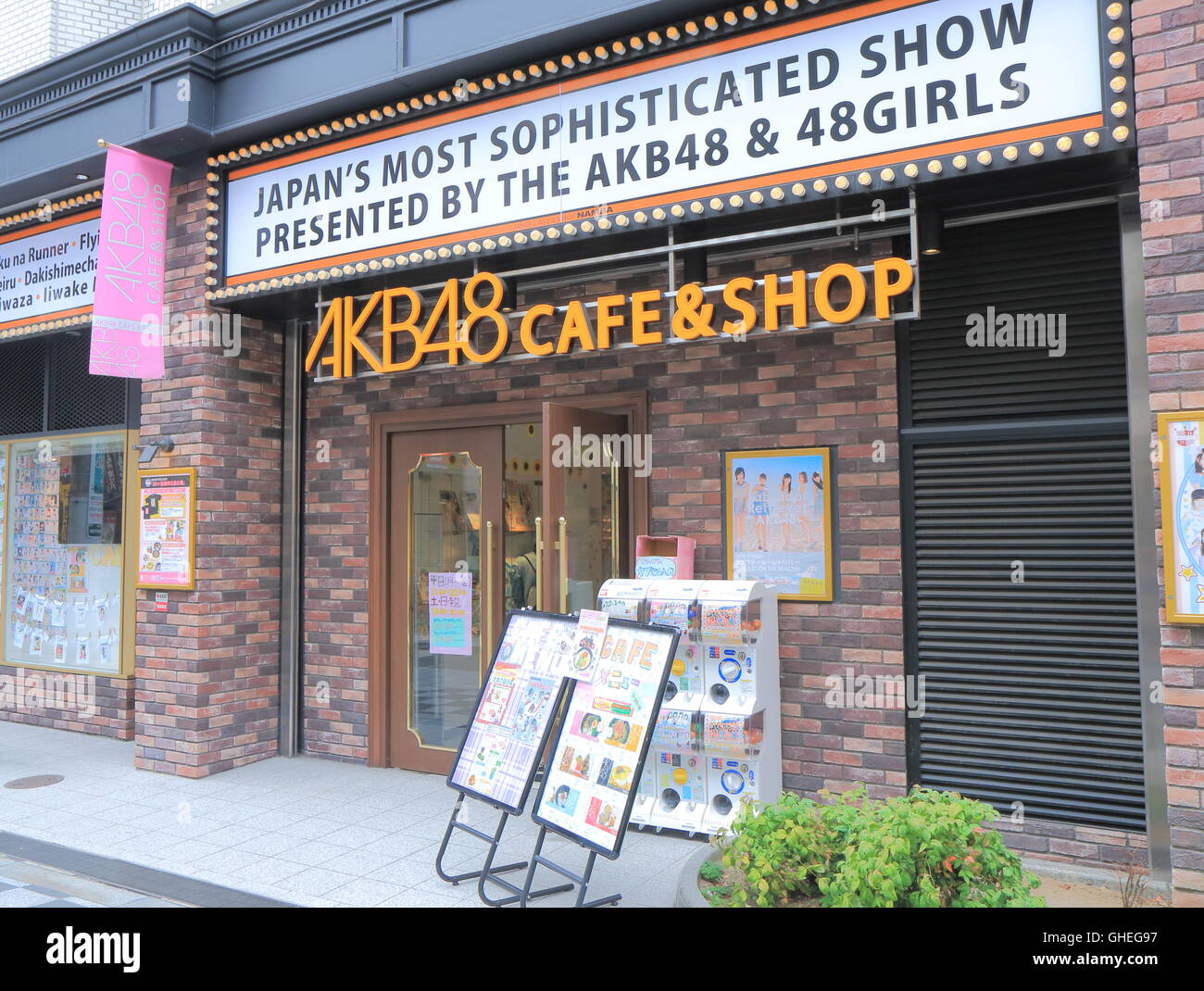 AKB48 Cafe and shop in Osaka Japan. AKB48 is a Japanese idol group initially named after the Akihabara area Tokyo. Stock Photo