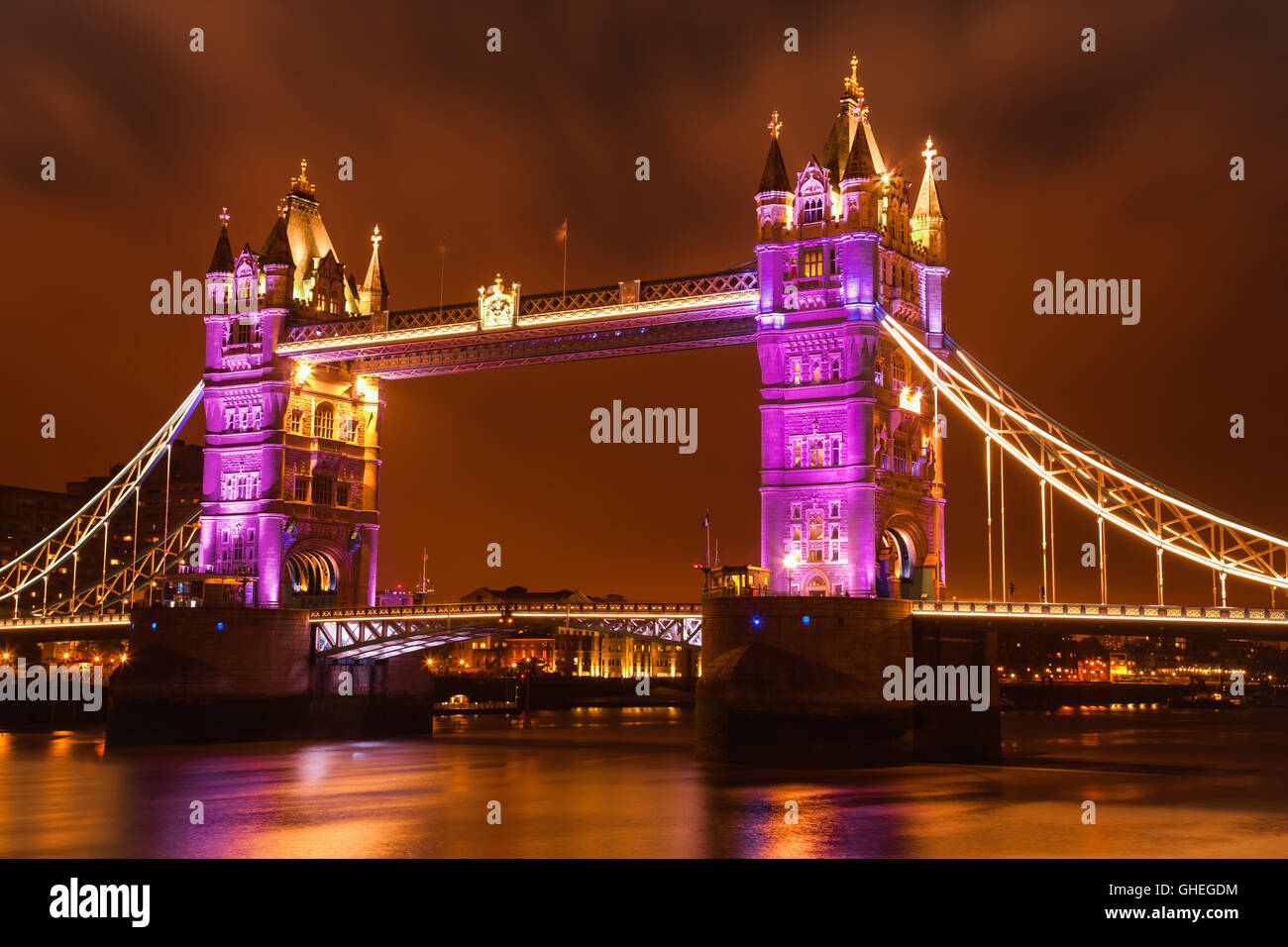 View of Tower Bridge festively illuminated. Stock Photo