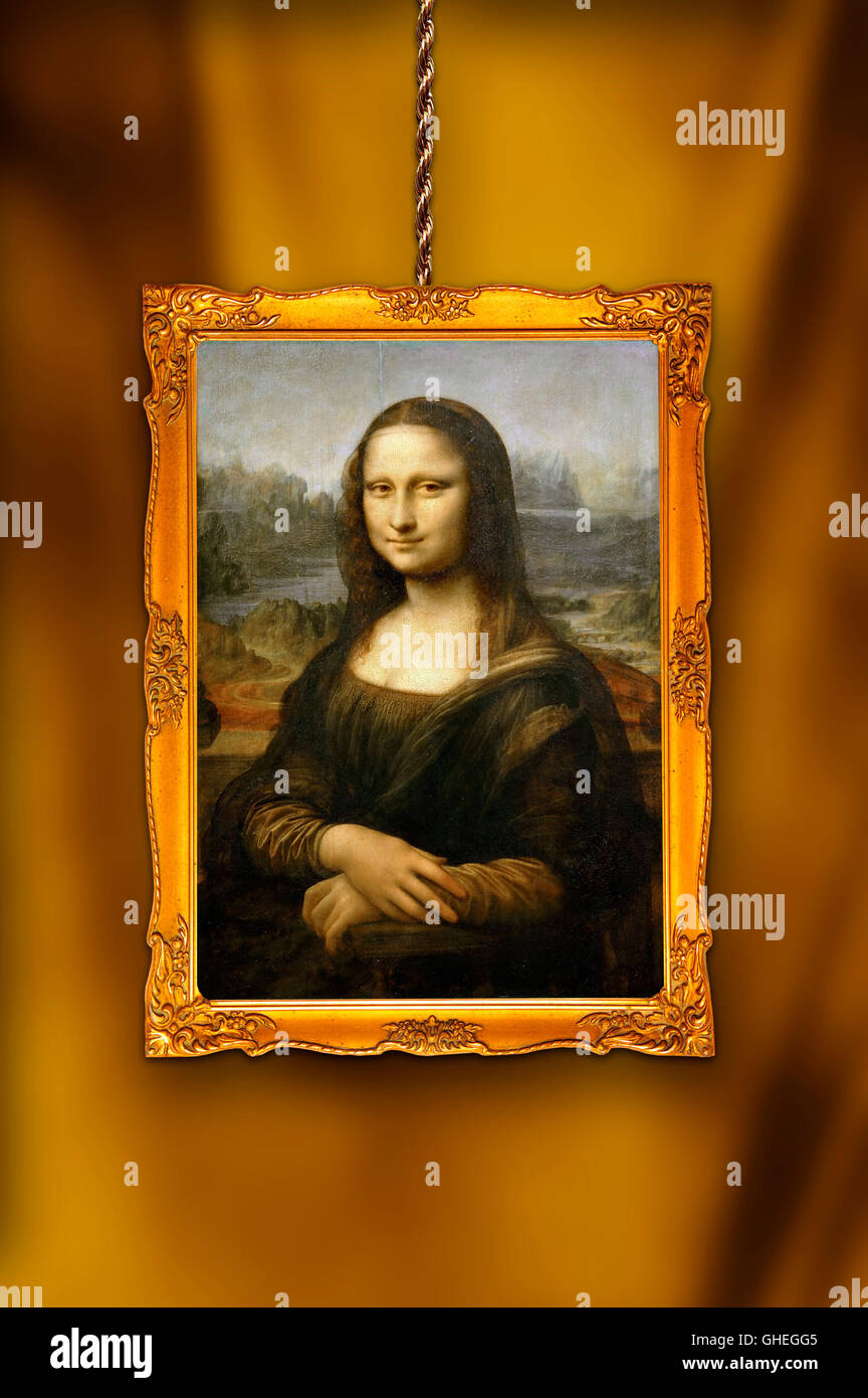 Mona Lisa paint hanging on a golden frame, photo montage Stock Photo ...