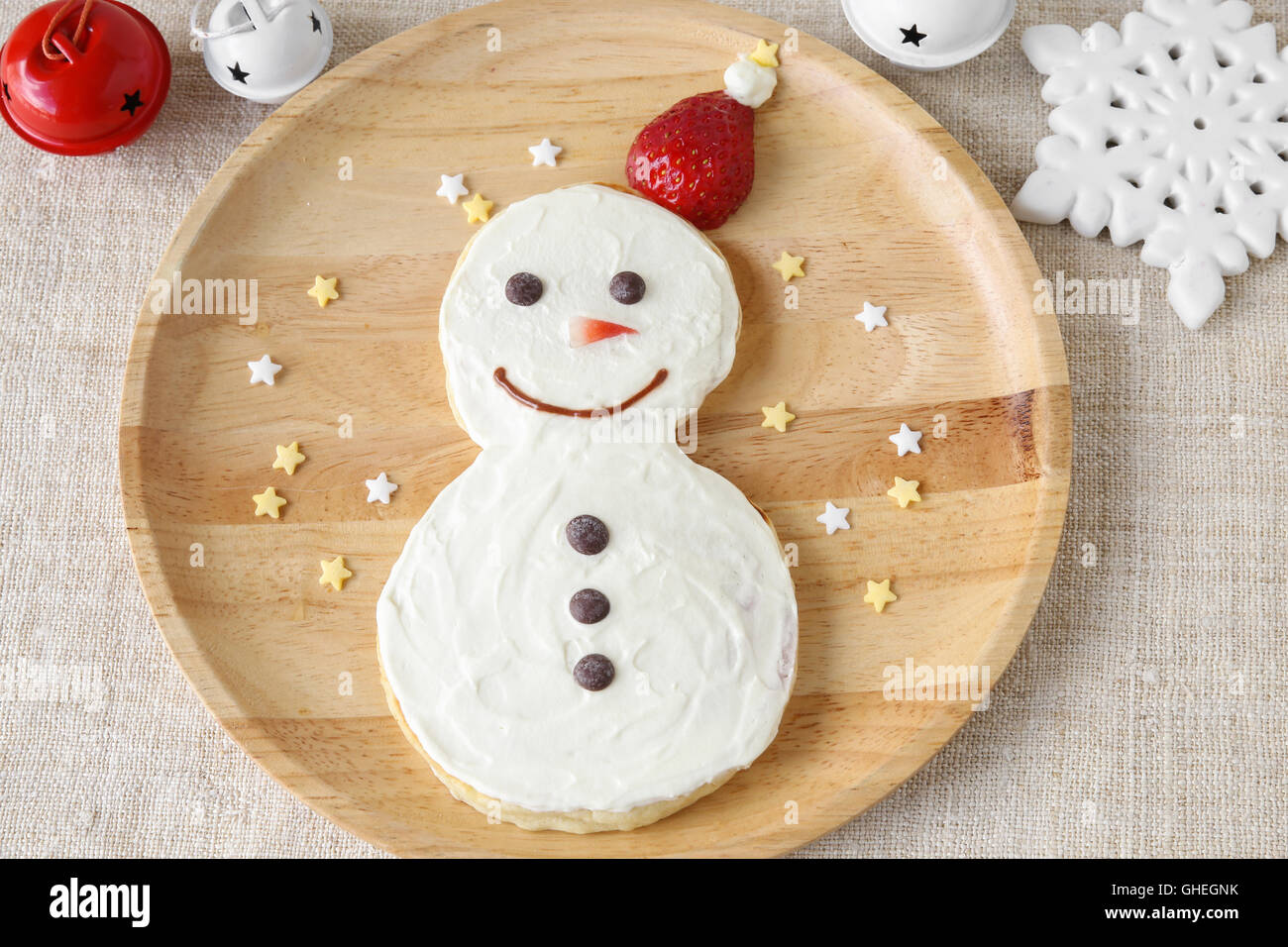Fun homemade snowman pancake breakfast for kids Stock Photo