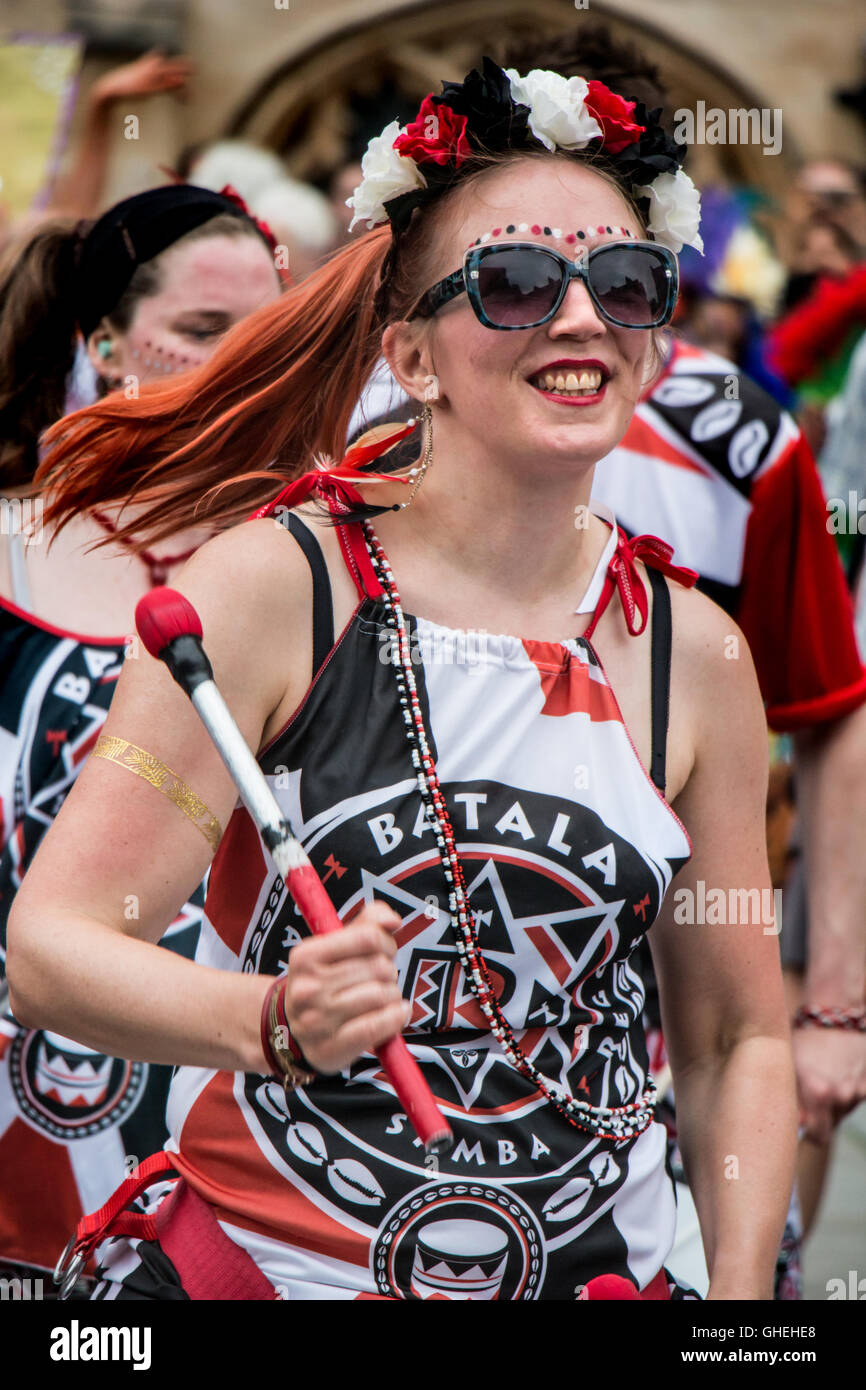 Batala drummer taking part in the 2016 Bath Street Carnival, UK Stock Photo
