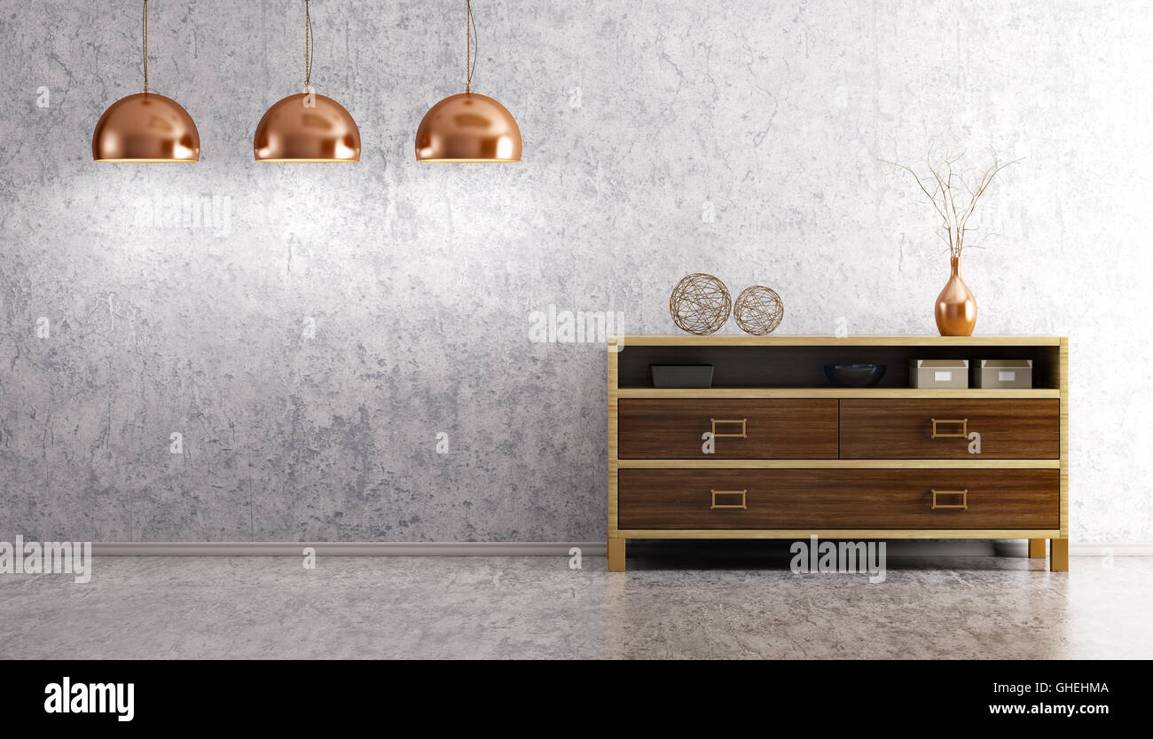 Modern interior of living room with wooden dresser and three lamps over ...