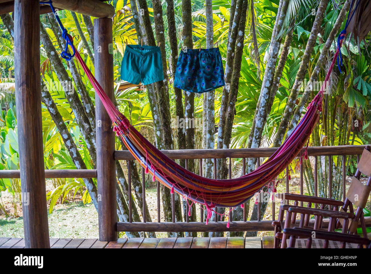 Hammock with swimming trunks, Corcovado national park, Costa Rica Central America Stock Photo