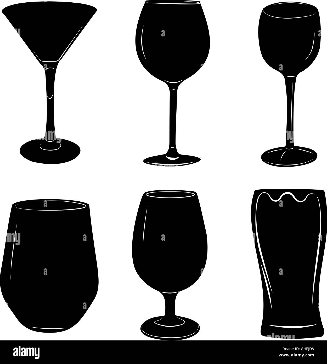 Set of wine and beer alcoholic beverages glasses vector illustration. Stock Vector