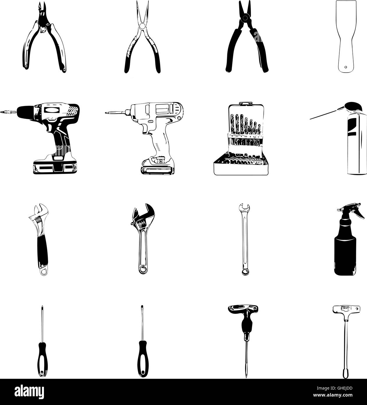 Set of stylized construction tools vector illustration in black and
