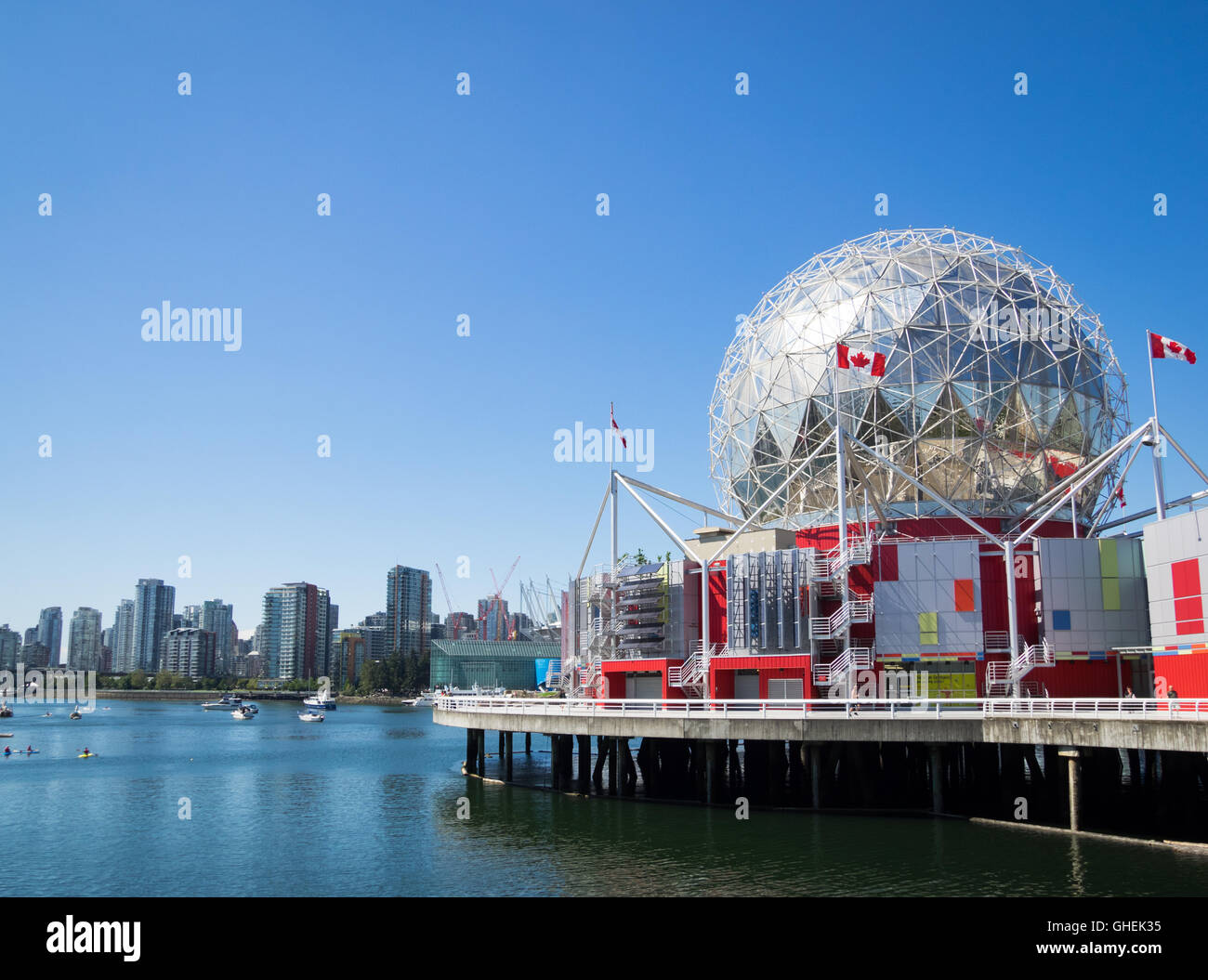 A view of Science World at Telus World of Science, a spectacular science centre on False Creek in Vancouver, Canada. Stock Photo