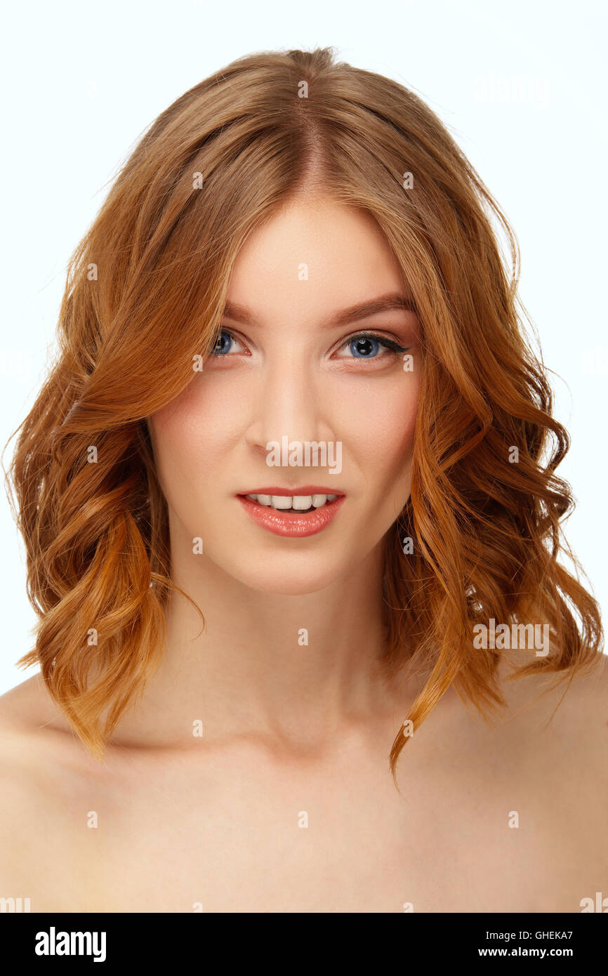 Face Of Beautiful Young Woman With Blue Eyes And Red Lips Beauty