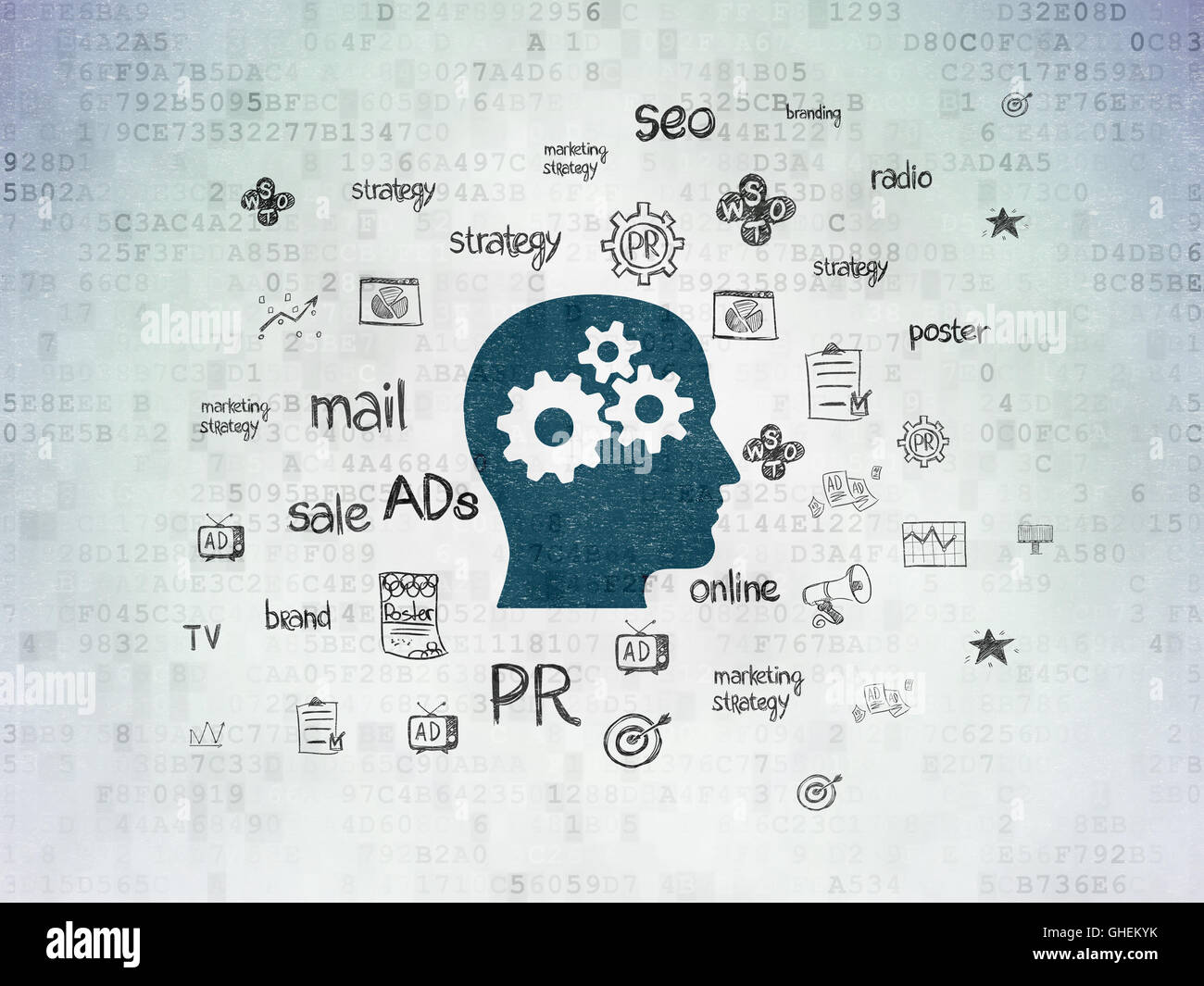 Marketing concept: Head With Gears on Digital Data Paper background ...