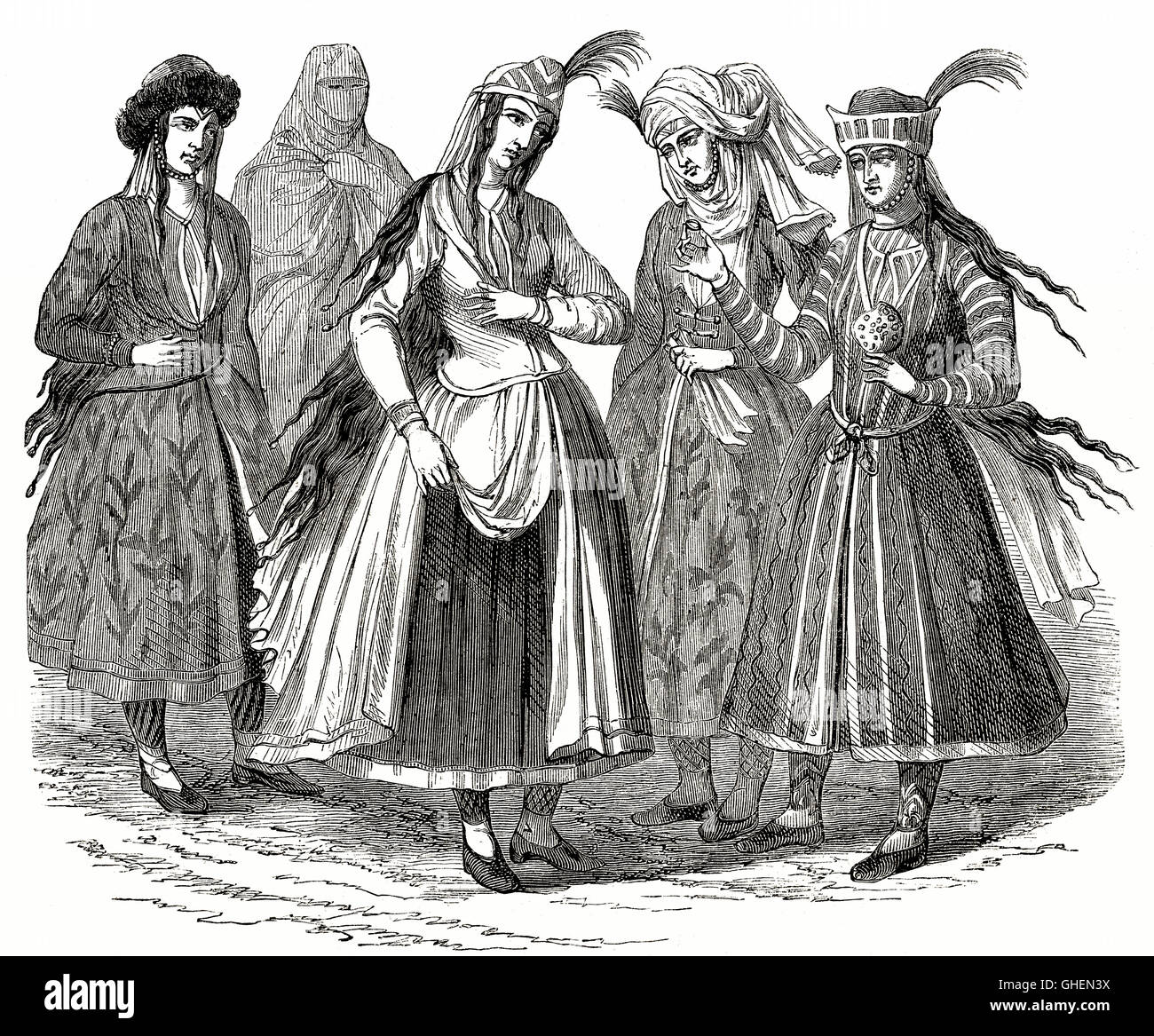 Female Persian costumes,  17th century Stock Photo