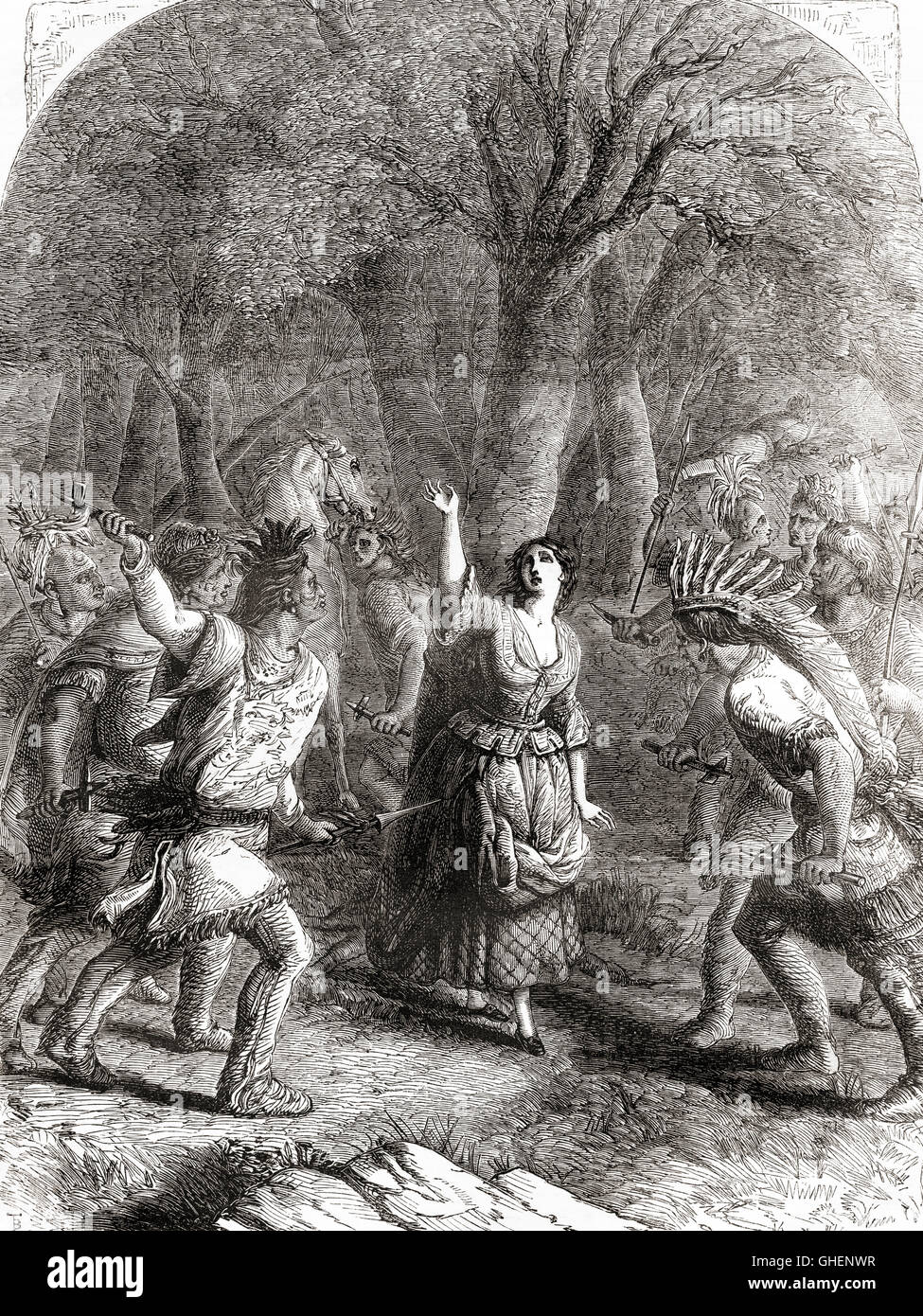 The abduction and later murder of Jennie aka Jane McCrea by Indians in 1777 during the American Revolutinary War. Jane McCrea, also spelled McCrae or MacCrae, 1752 – 1777. Stock Photo