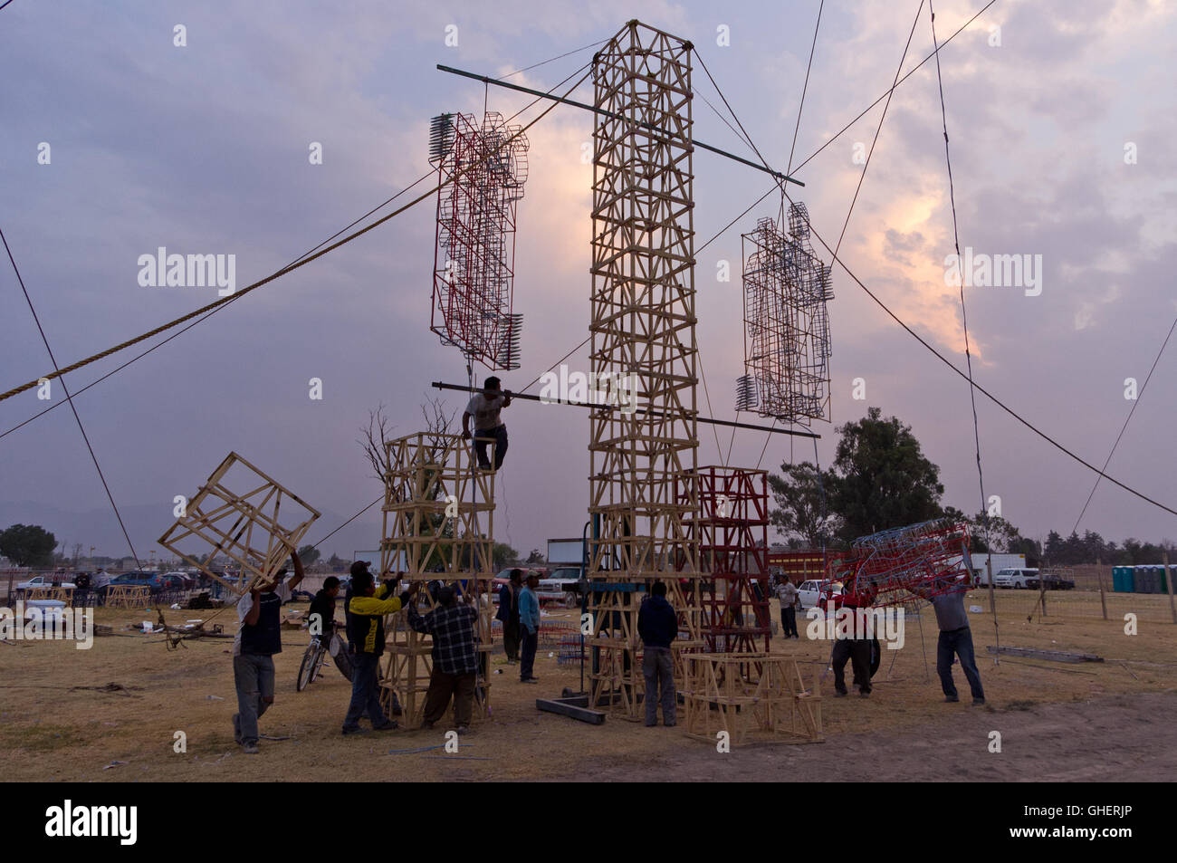 Construction of Castle fireworks, 'castillo', for the National Fireworks Fair in Tultepec, Mexico Stock Photo