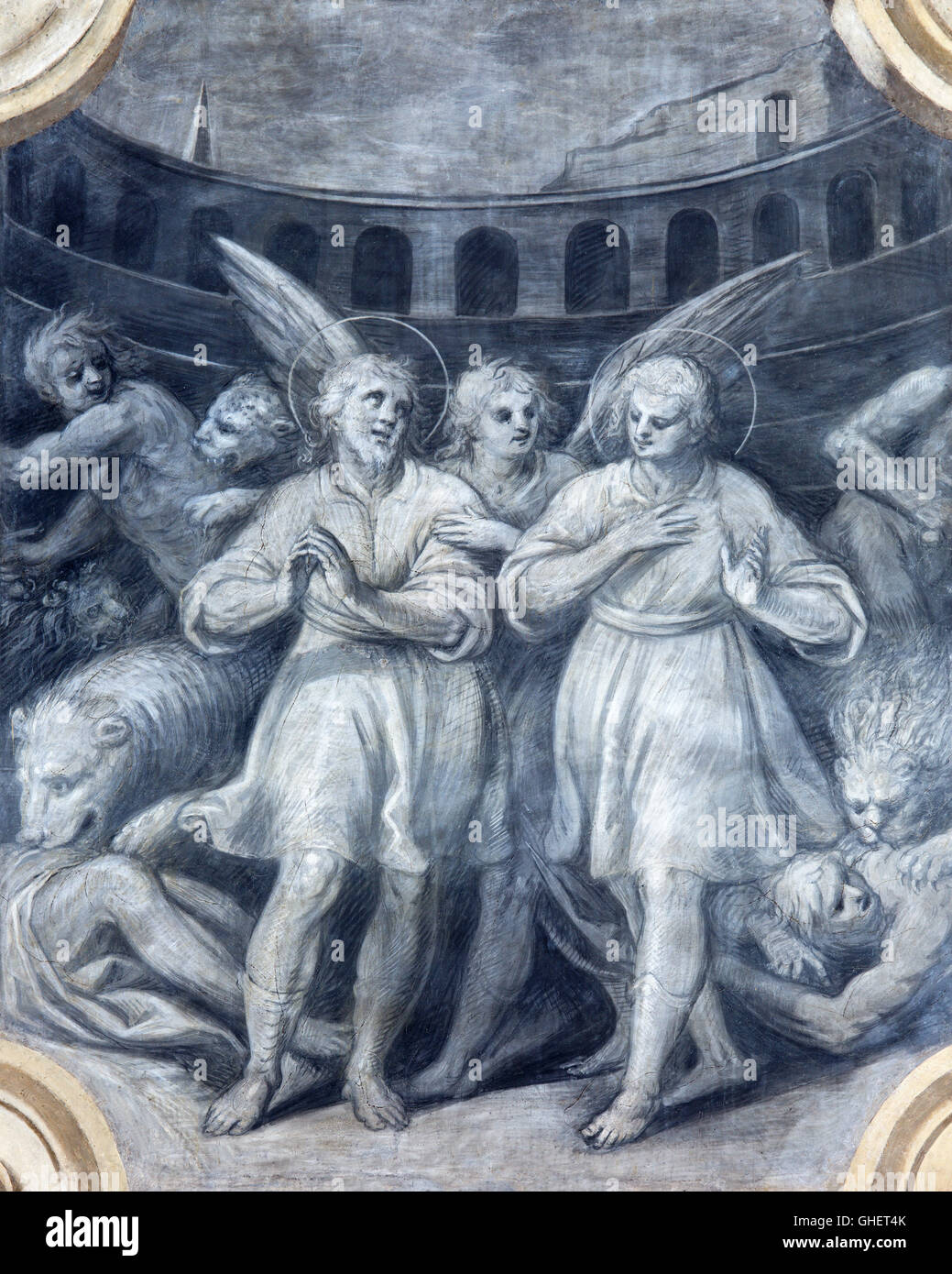 BRESCIA, ITALY - MAY 23, 2016: The monochromatic fresco of First christian martyrs among the lions in colosseum Stock Photo