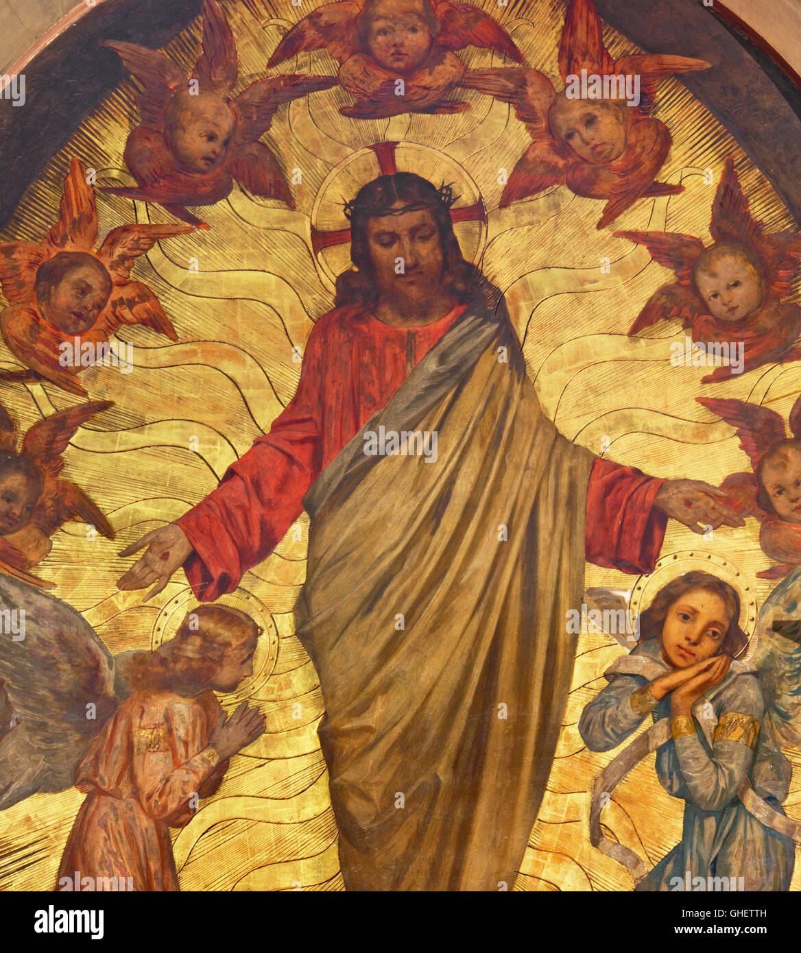 BRESCIA, ITALY - MAY 22, 2016: The neogothic painting of Jesus among the angels in Santuario di Santa Maria delle Grazie Stock Photo