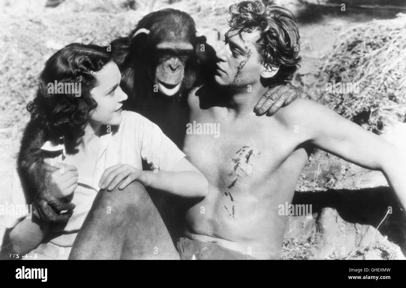 TARZAN THE APE MAN USA 1932 W.S. Van Dyke Jane Parker (MAUREEN O'SULLIVAN), chimp Cheetah, Tarzan (JOHNNY WEISSMULLER) Regie: W.S. Van Dyke Stock Photo