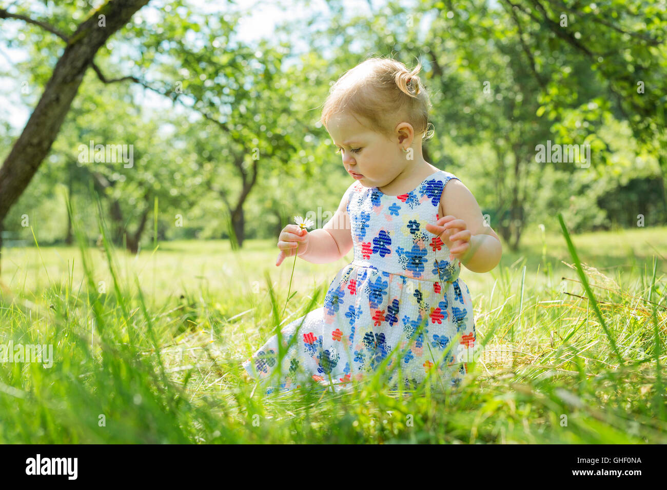 Little girl in the forest park Stock Photo - Alamy