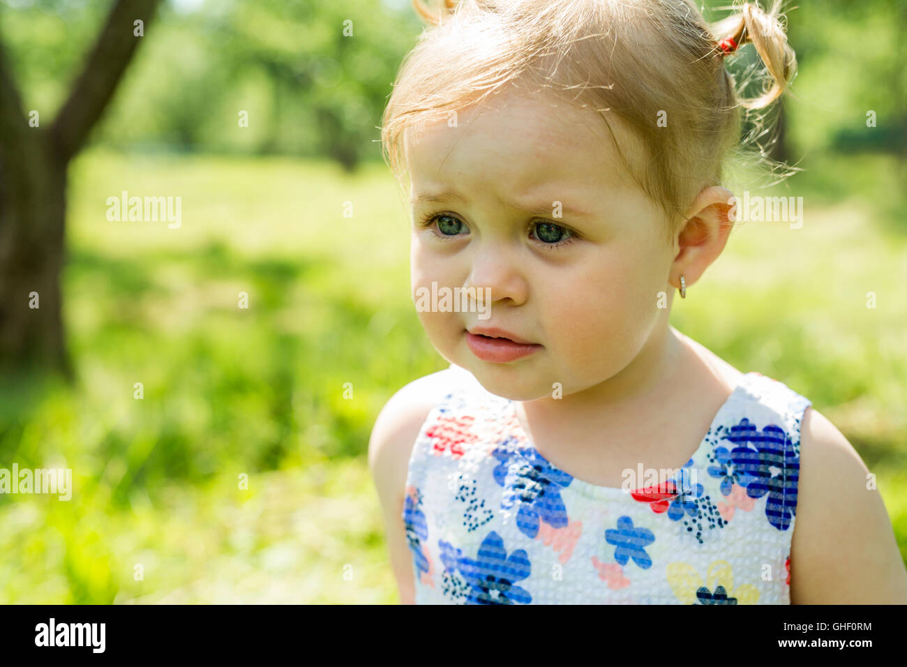 Little girl in the forest park Stock Photo - Alamy