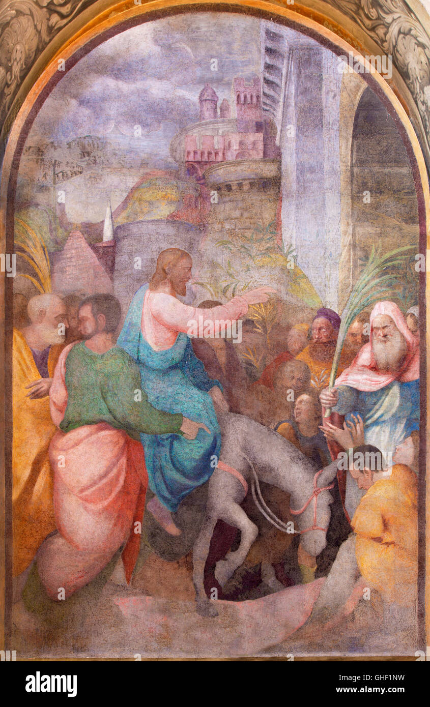 CREMONA, ITALY - MAY 24, 2016: The fresco Entry of Christ in Jerusalem in Chiesa di Santa Rita by Giulio Campi (1547). Stock Photo