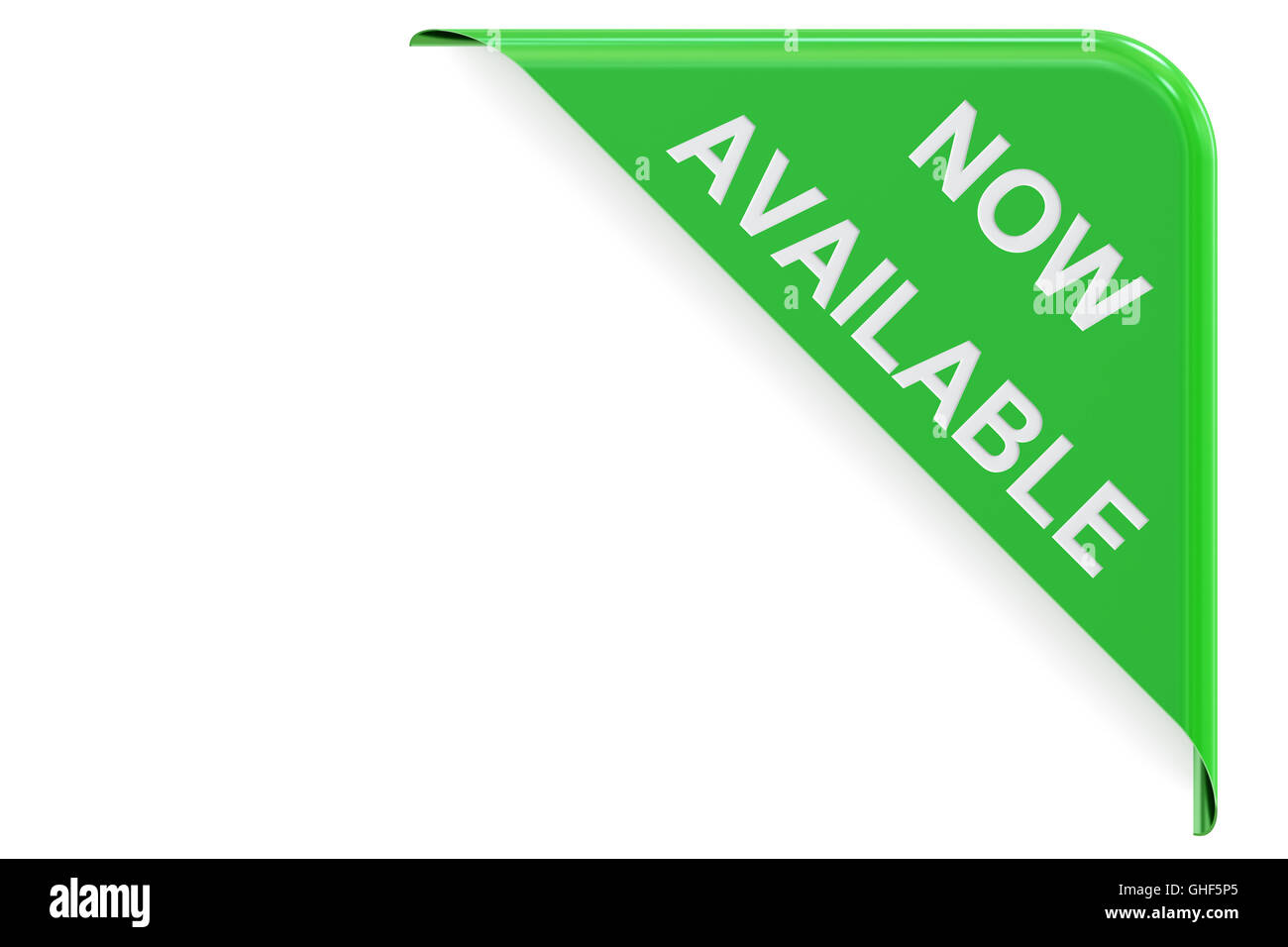 Now Available concept, green corner. 3D rendering isolated on white
