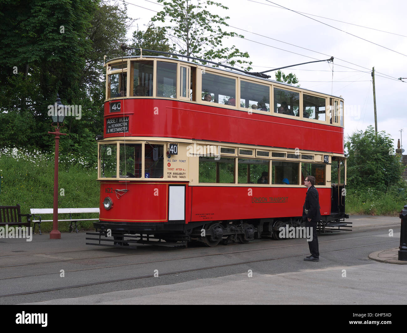 London transport vintage tram in preservation at Crich Tramway museum near Matlock Derbyshire Stock Photo