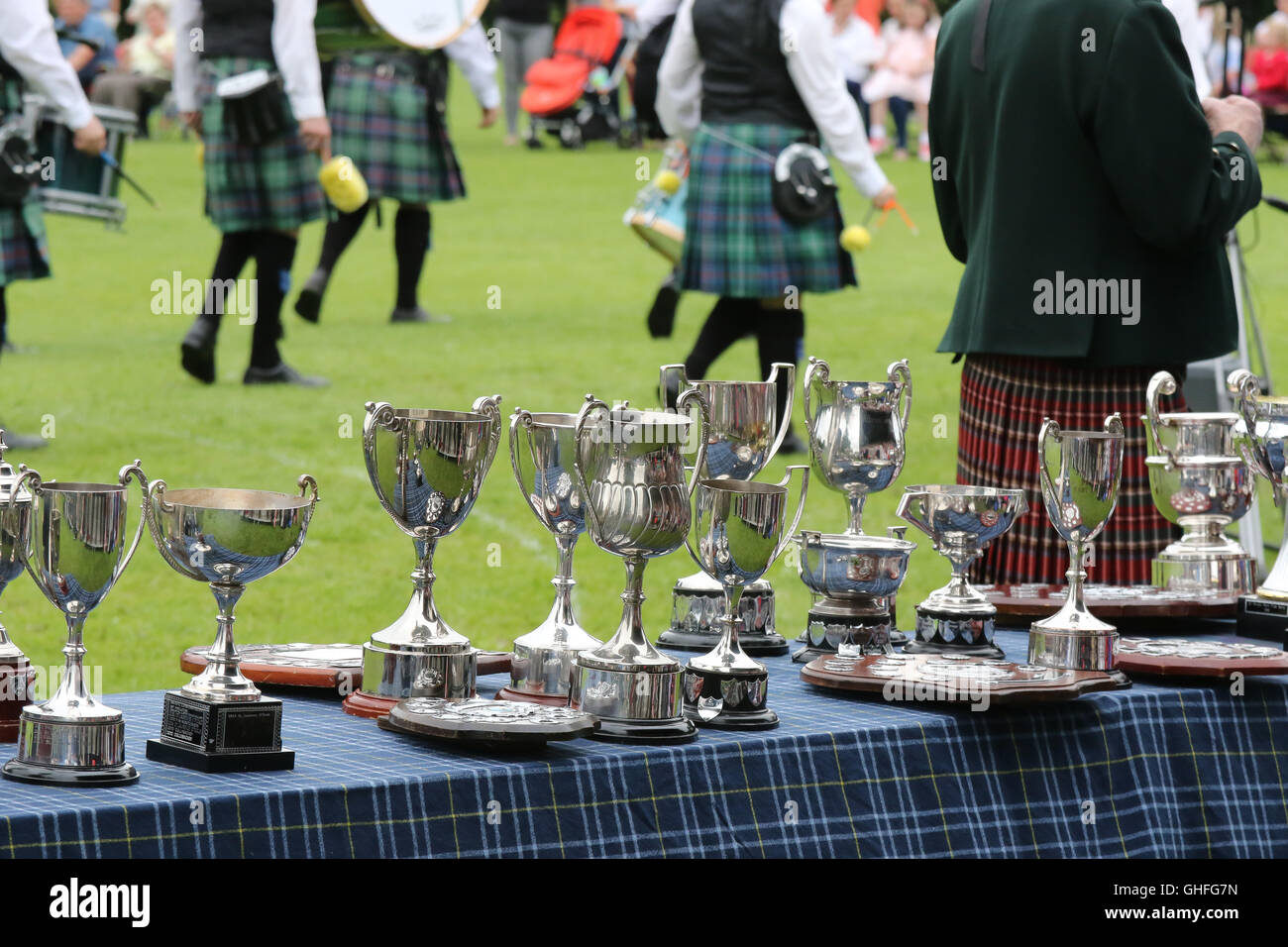 Cups and trophies at the Lisburn & Castlereagh City Council Pipe Band Championship 2016 Stock Photo