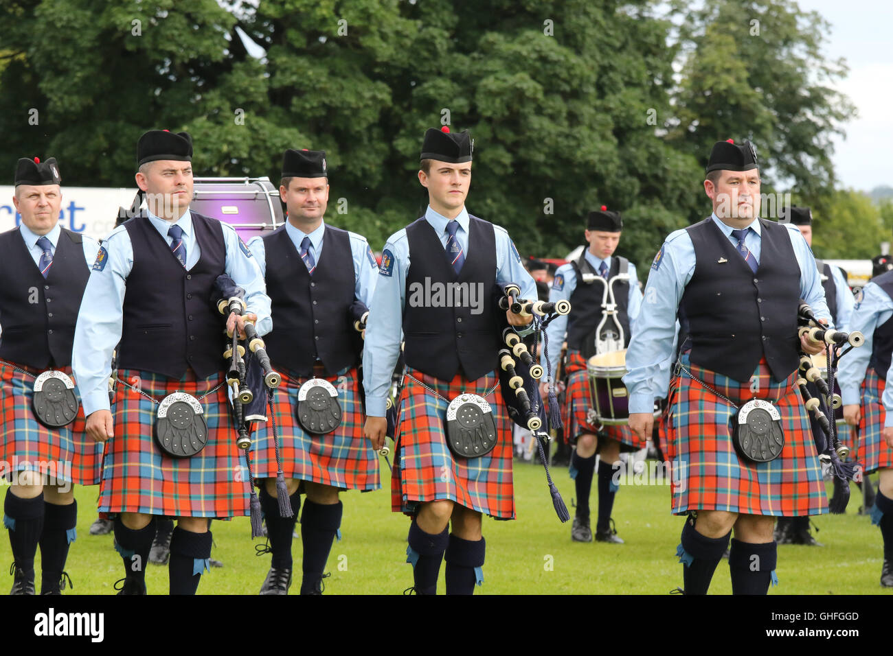 The New Zealand Police Pipe Band in action at the Lisburn & Castlereagh City Council Pipe Band Championship 2016 Stock Photo