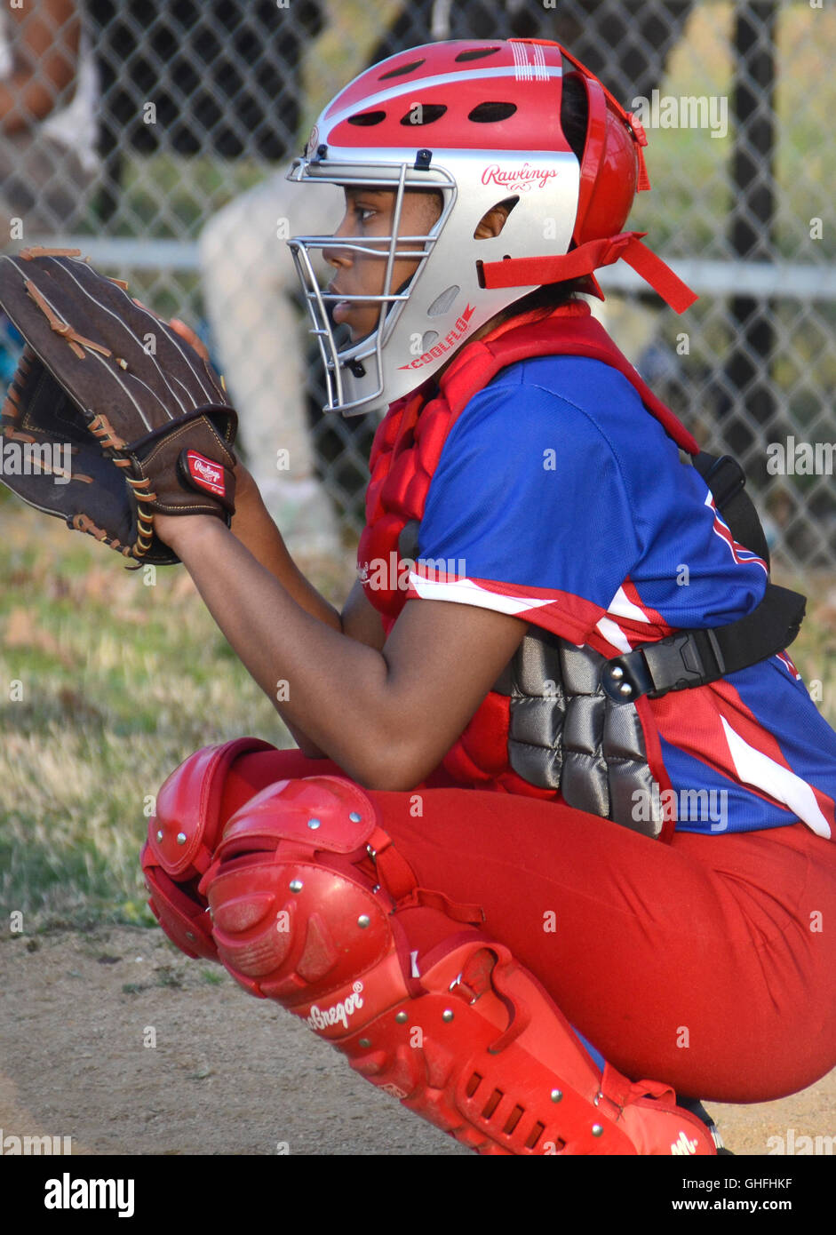 Catcher in a softball game Stock Photo