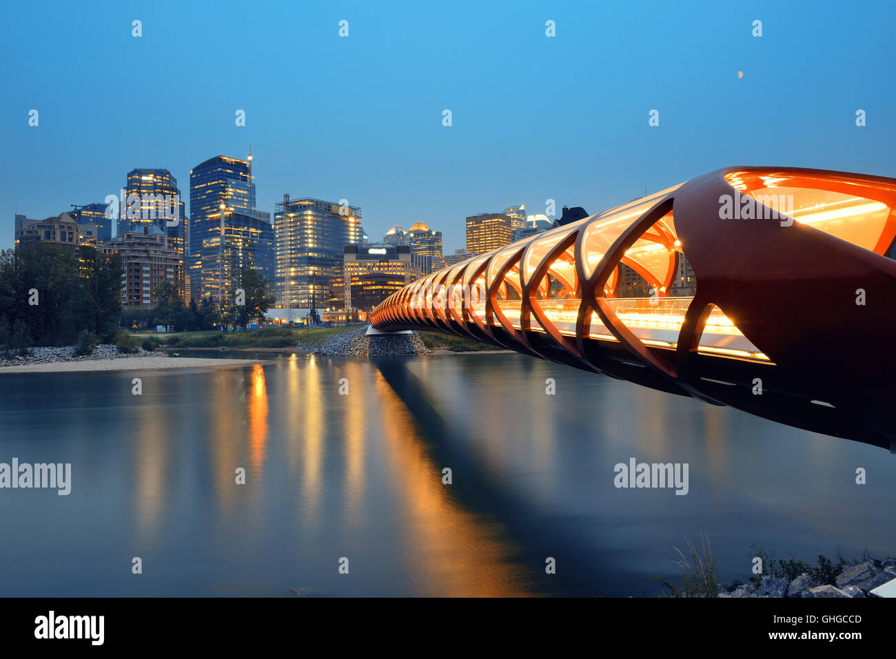 Calgary cityscape with Peace Bridge and downtown skyscrapers in Alberta