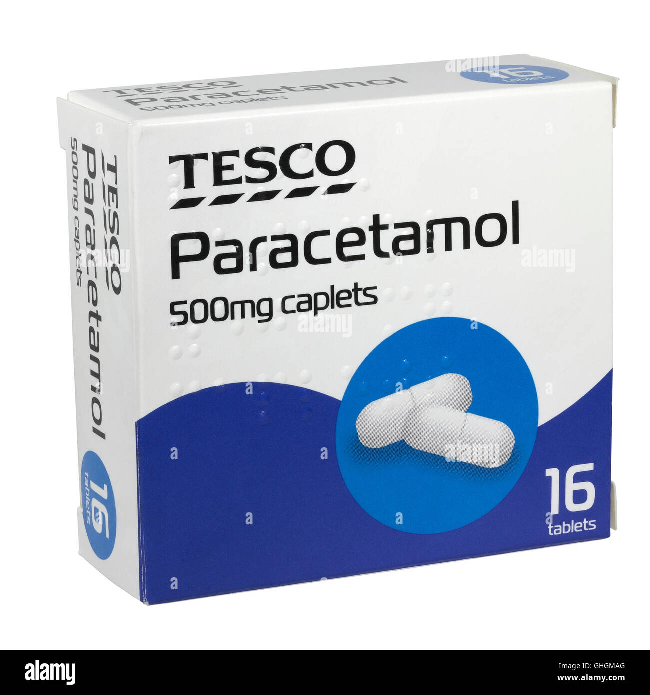 A box of 16 Tesco Paracetamol Caplets isolated on white background Stock Photo